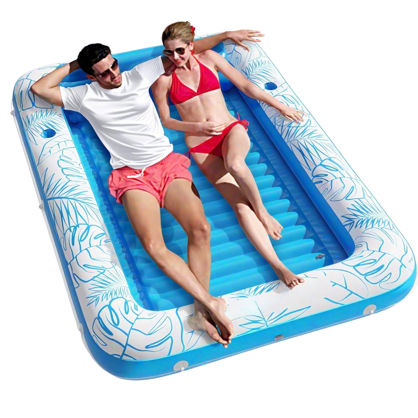 Inflatable Tanning Pool Lounger Float 4-in-1 Sunbathing Tub with Cup Holders for Adults & Kids XL