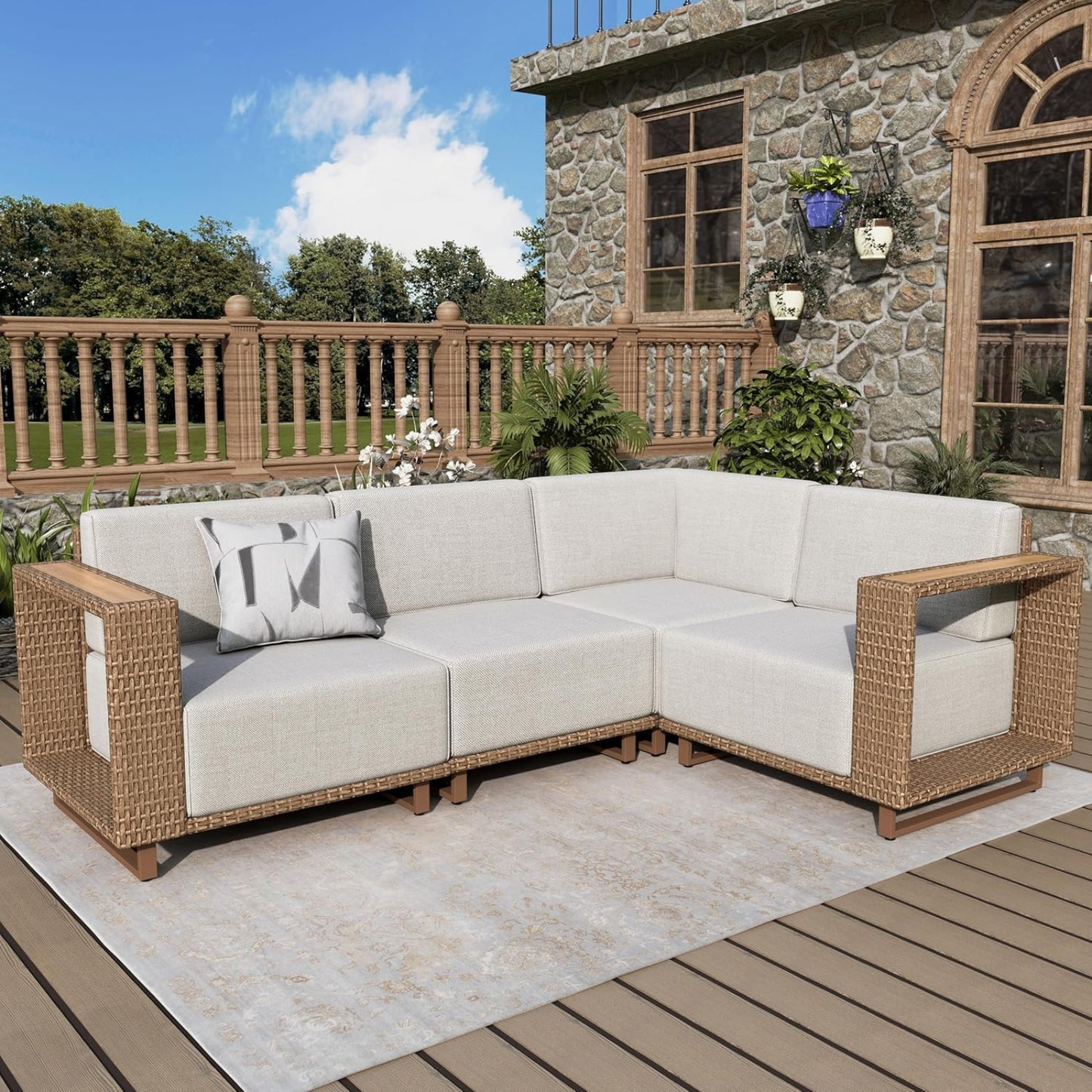 Outdoor Patio Furniture Set 4-Piece Rattan Wicker Sofa with 10" Thick Waterproof Cushions
