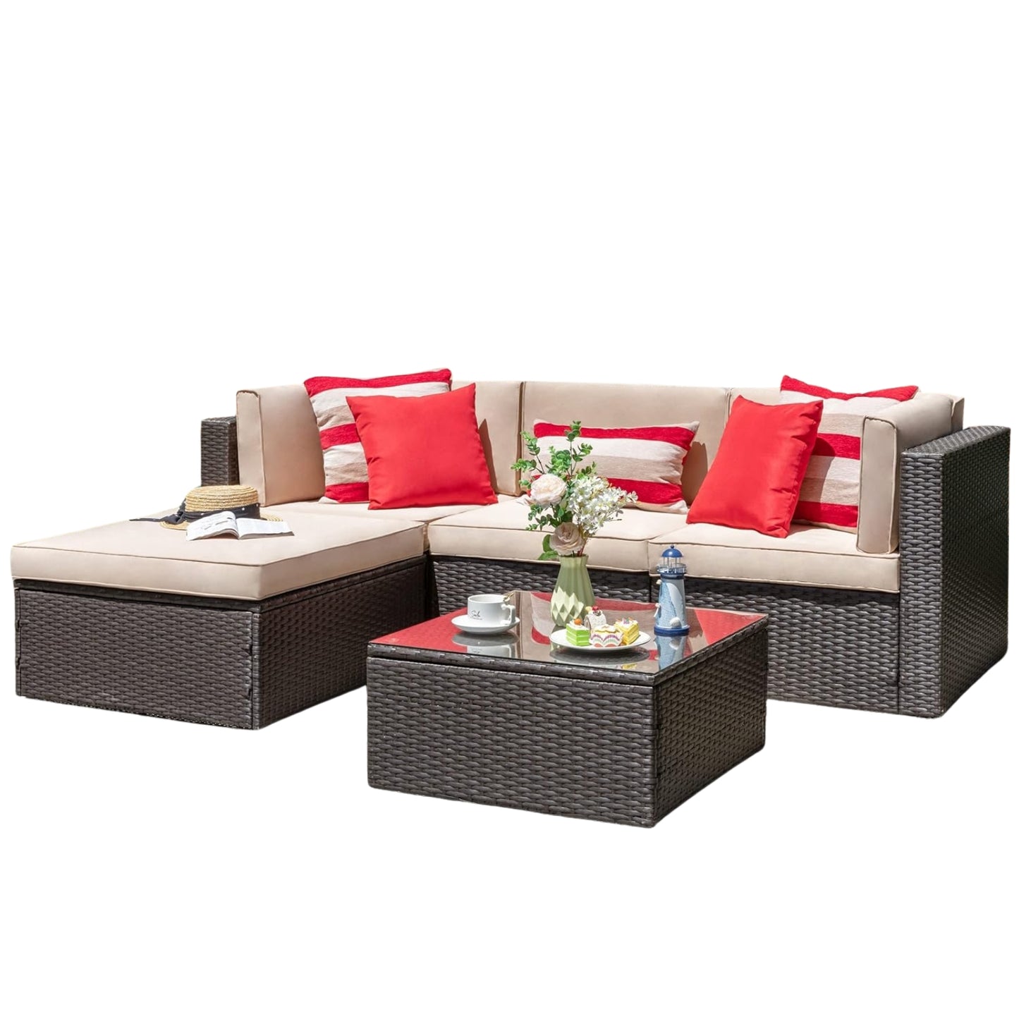 5 Piece Patio Furniture Set, All-Weather Brown PE Wicker Outdoor Sectional Couch with Ottoman & Table