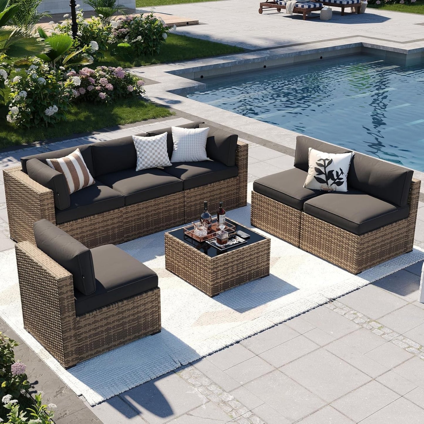 7-Piece Outdoor Patio Furniture Set with Cushions, Wicker Sectional Sofa for Garden, Poolside