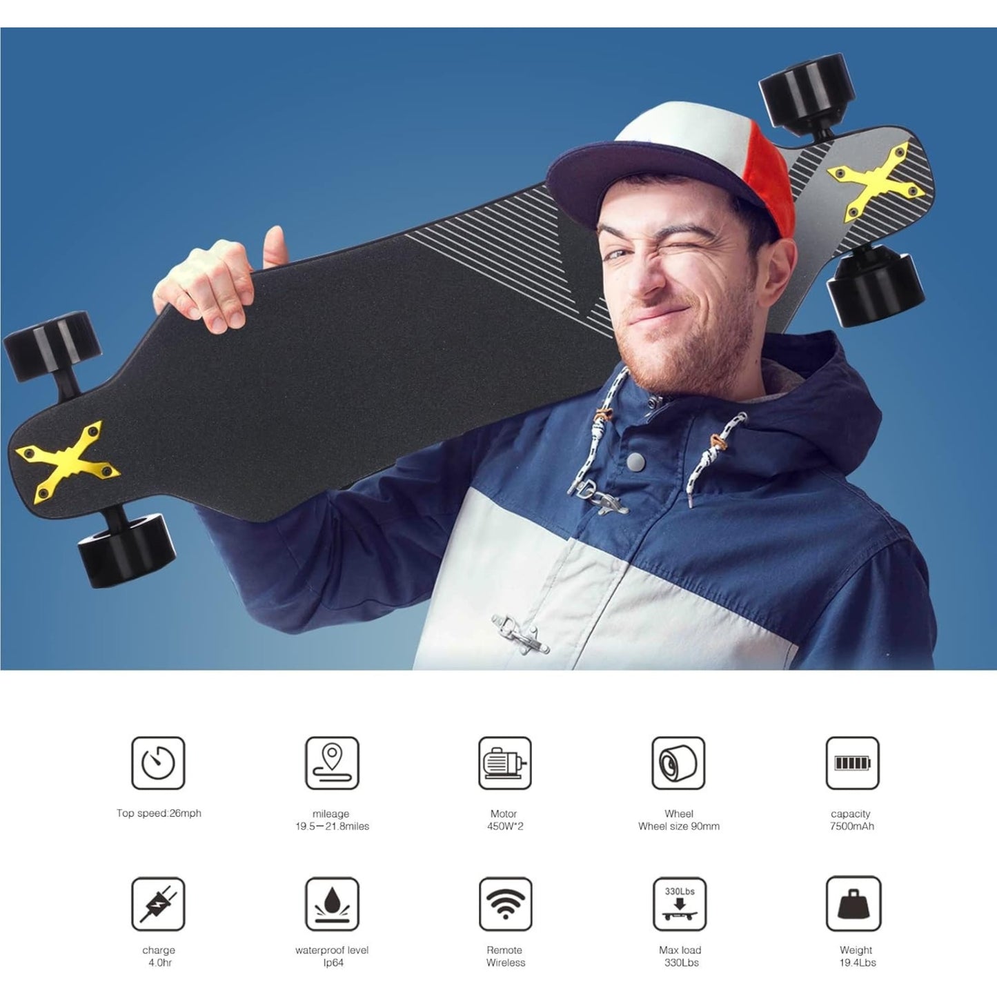 electric-skateboard-longboard-with-remote-900w-hub-motor-26-mph-speed-21-8-mile-range-330-lbs-load