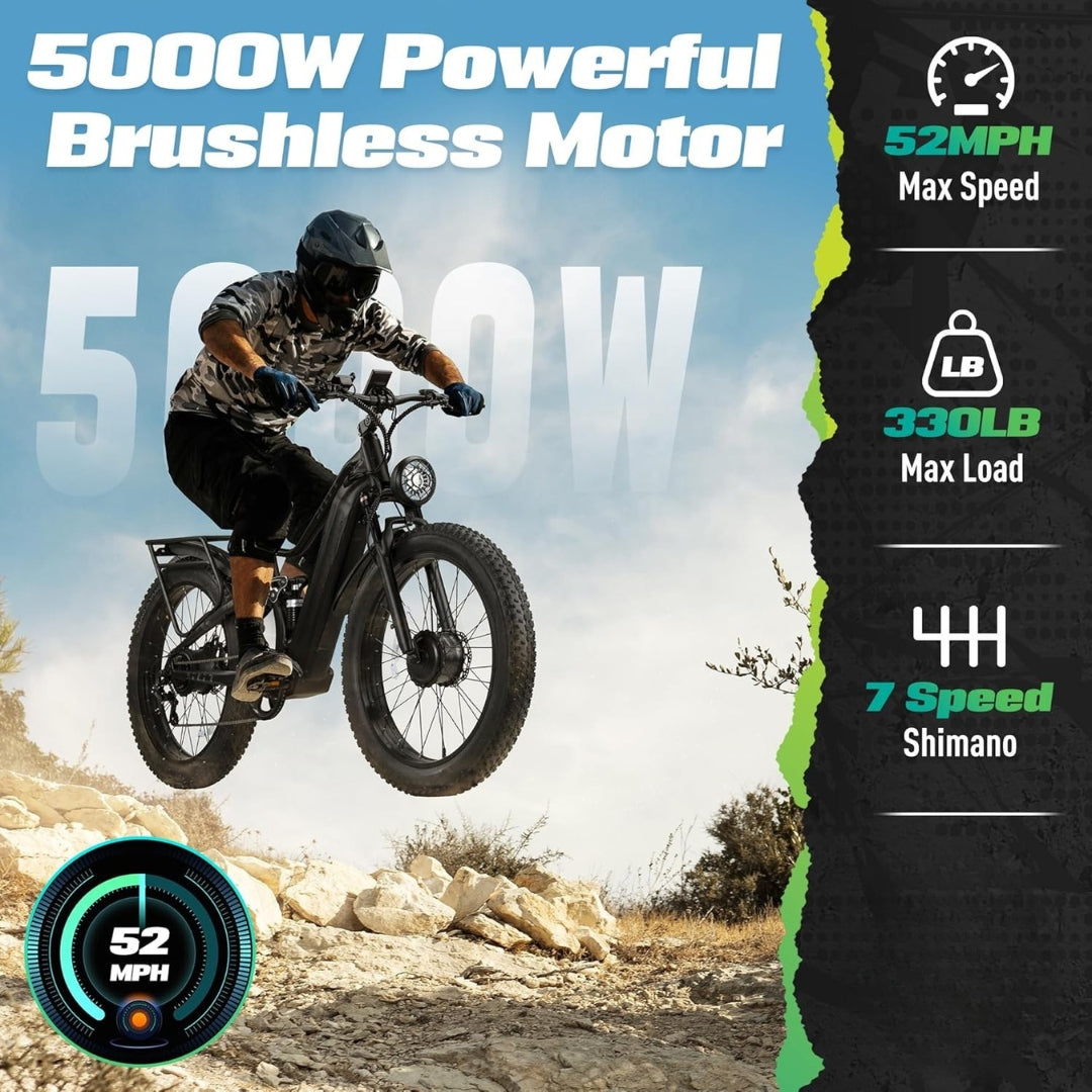 5000W Dual Motor Electric Bike 52MPH, 60V 32AH Fat Tire E-Bike with Full Suspension & 7-Speed