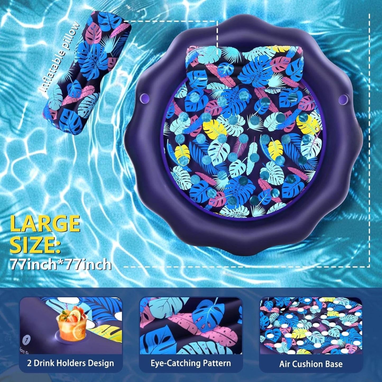 Extra Large Inflatable Pool Float Lounger 77" with Pillow, Cup Holders & Cooling Holes – Purple