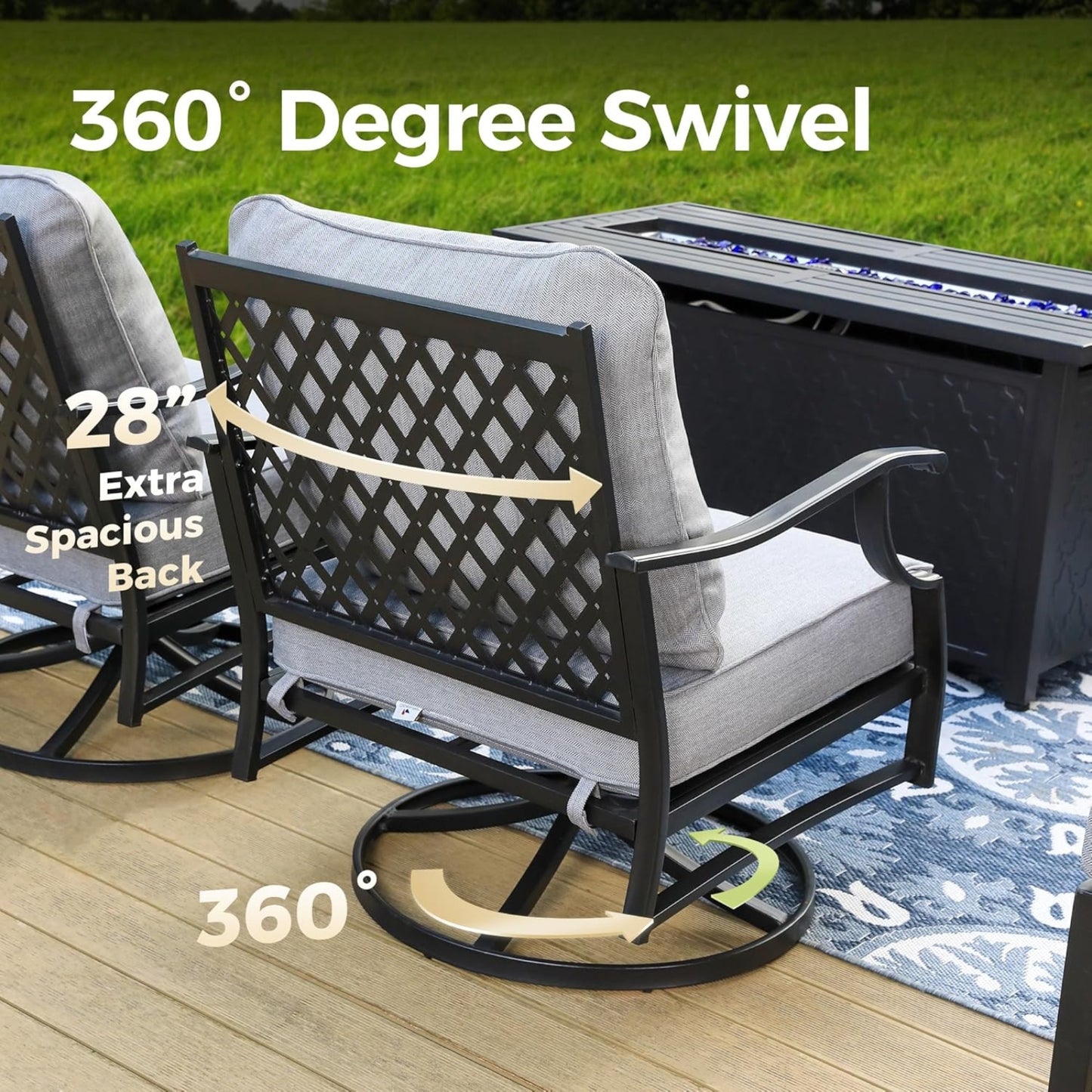 4-Piece Patio Furniture Set with Gas Firepit Table, Swivel Chairs & Sofa | Outdoor Deck Grey