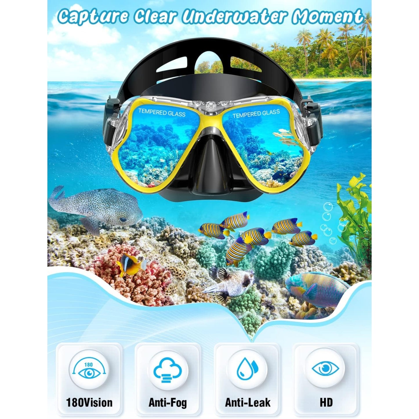 Mask Fins Snorkel Set with Panoramic Anti-Fog Mask, Dry Top Snorkel & Adjustable Swim Flippers