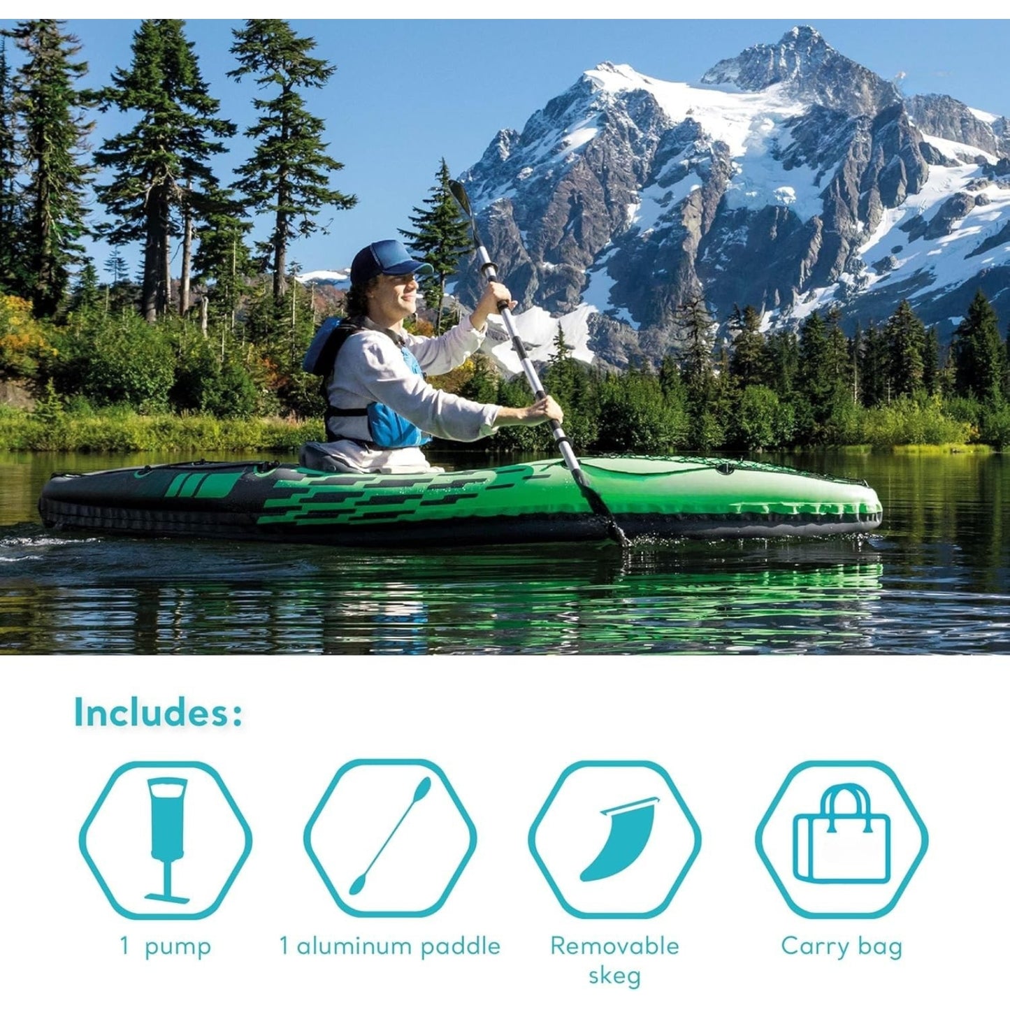 Inflatable Kayak K1 with Paddle, Pump & Seat – SuperStrong PVC, Skeg & Cargo Net | 1-Person