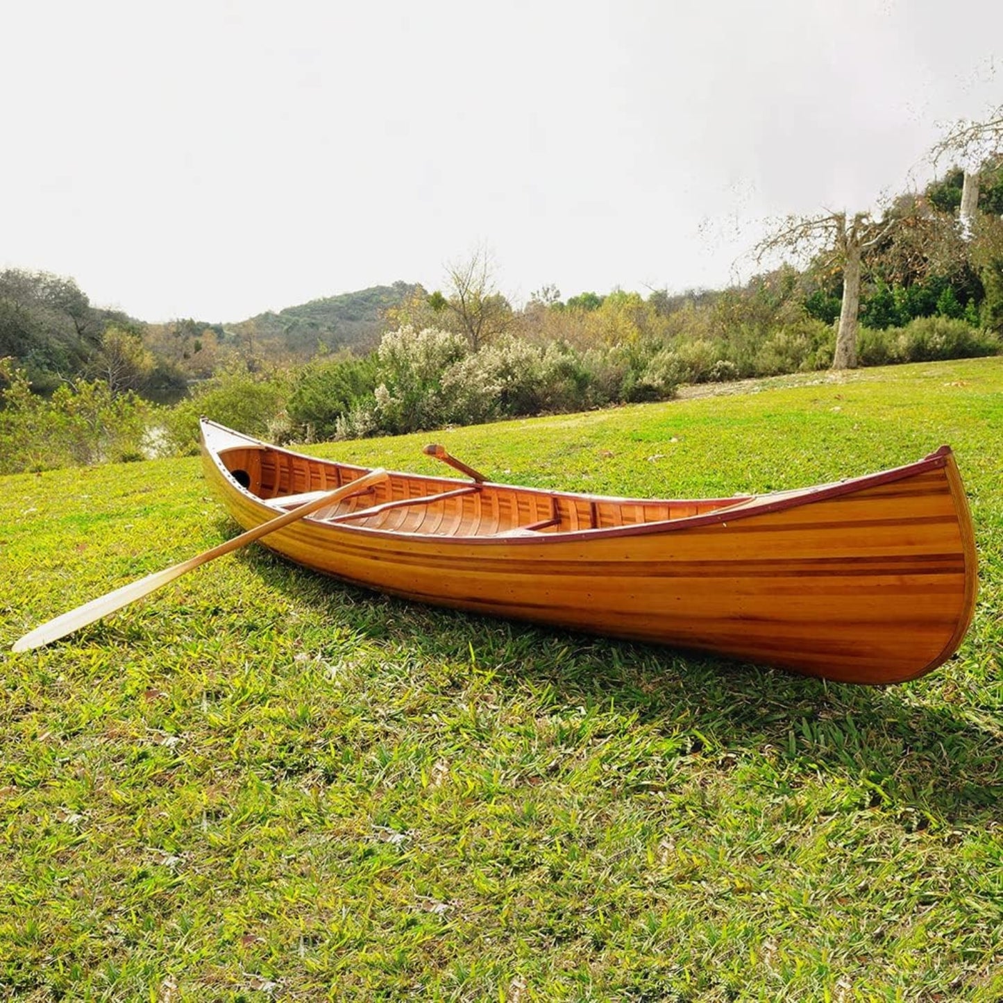 12 ft Handcrafted Wooden Canoe with Ribs Curved Bow – Cedar & Hardwood, Durable Fiberglass Finish