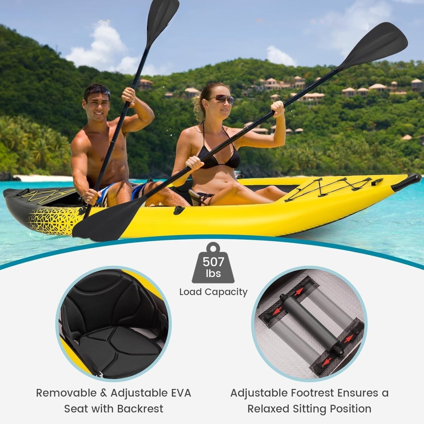 Inflatable 2-Person Kayak Set with 507 LBS Capacity, 2 Oars, EVA Seats, Pump, Fins & Carry Bag