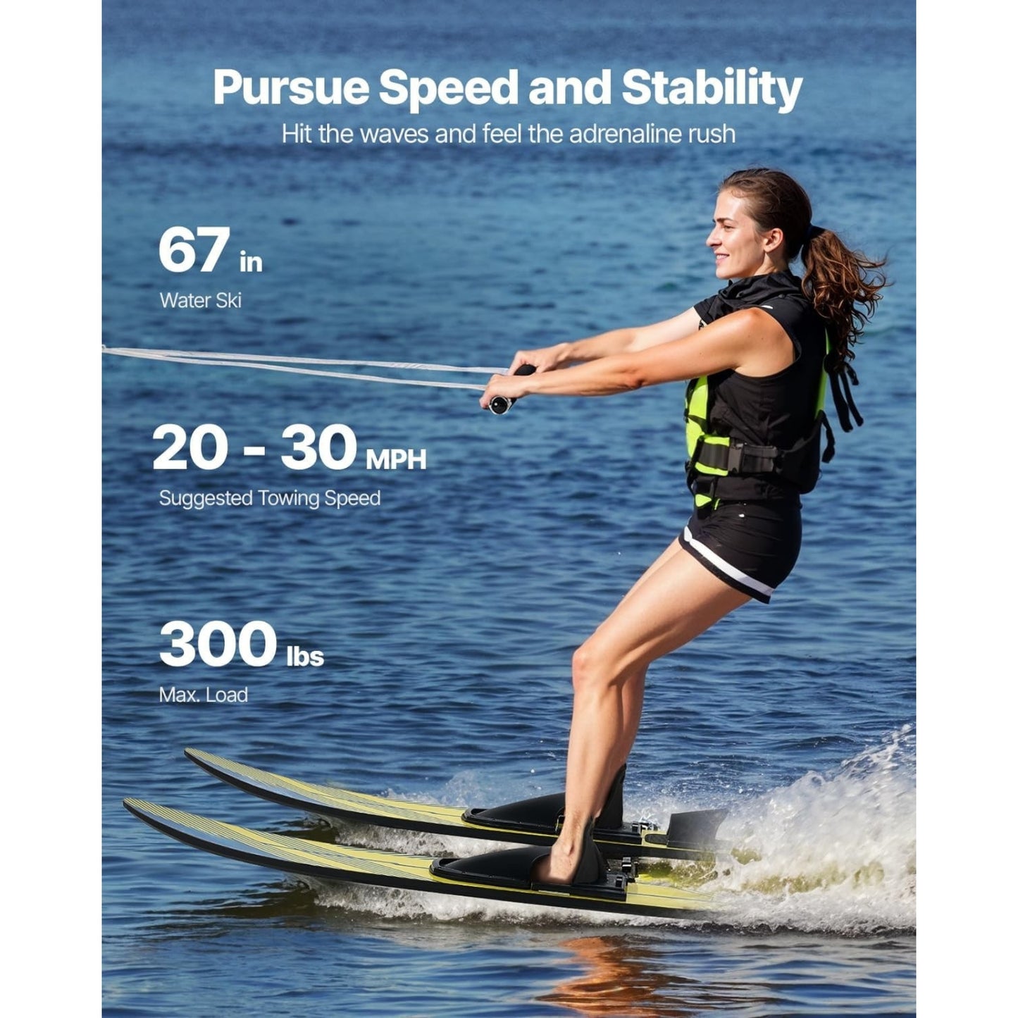 Adult Water Skis 67" with Adjustable Bindings & Padded Toe Plate – High-Gloss UV Coating, 300 lbs