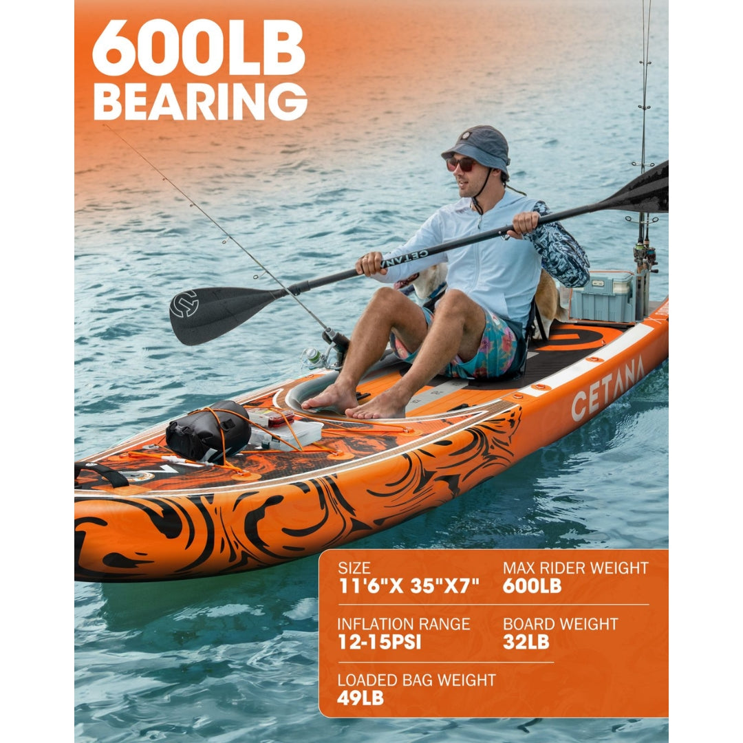 CETANA FloatMaster Orange 11’6” Inflatable SUP Board | 600lbs Capacity | All-Round Stand Up Paddleboard