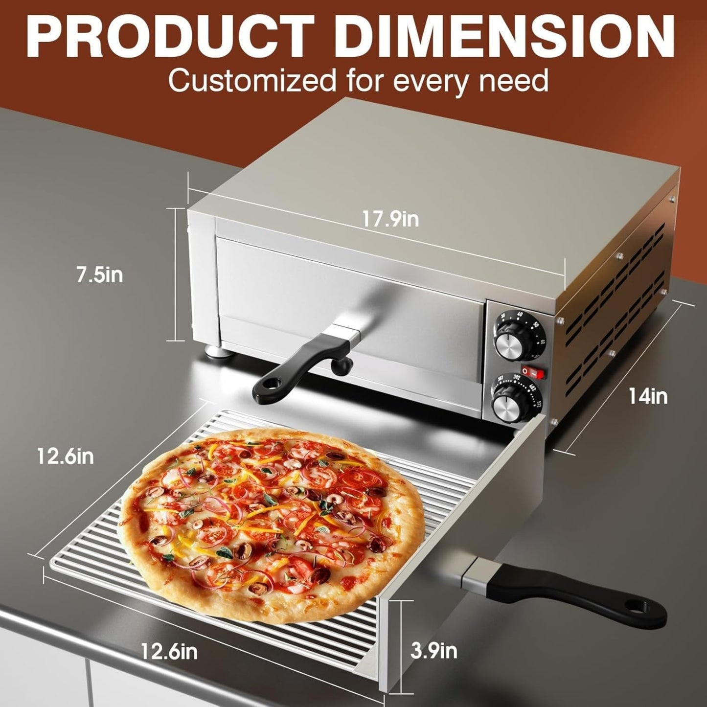 Indoor Electric Pizza Oven 12-Inch – Countertop Stainless Steel Commercial Pizza Maker with Crumb Tray