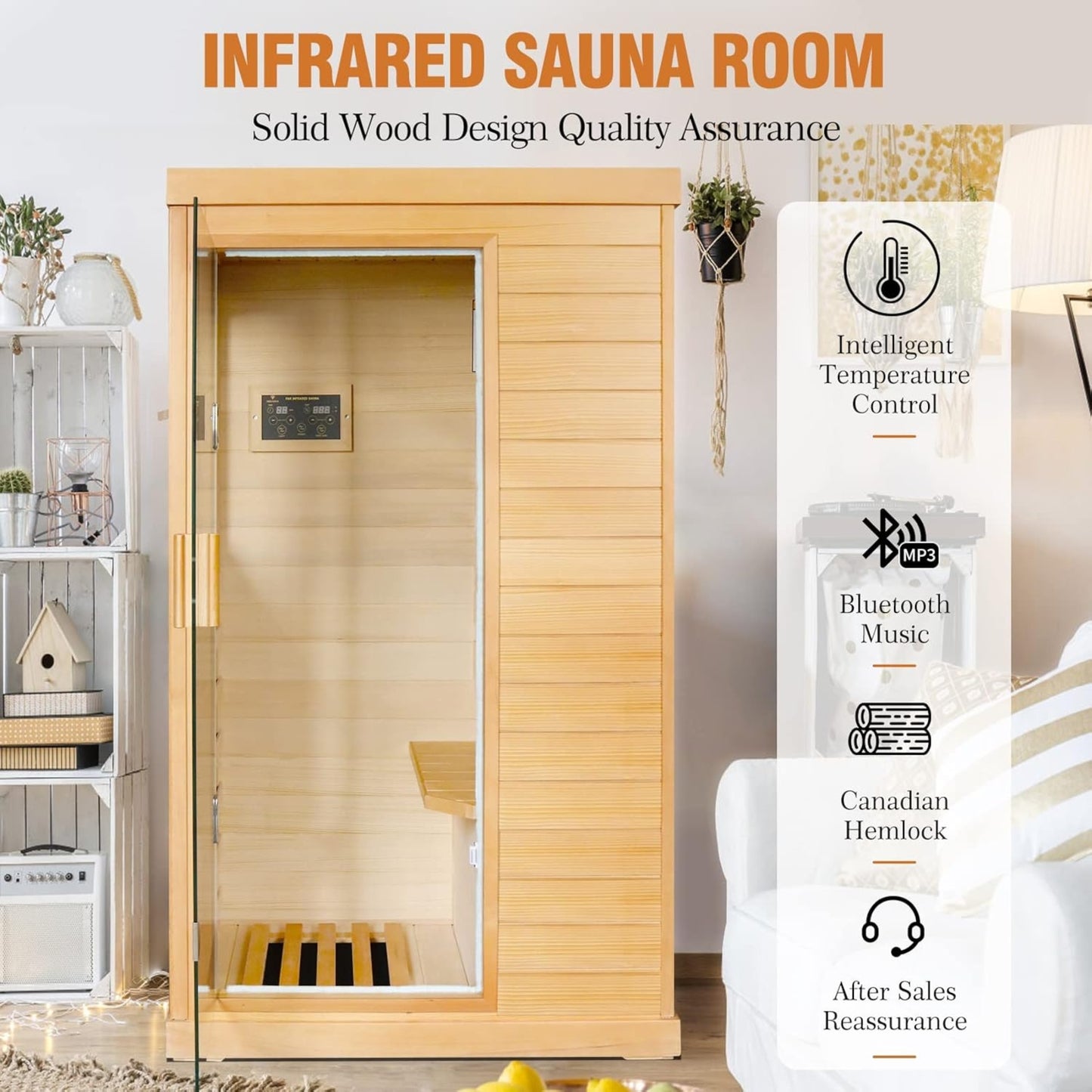 Far Infrared Sauna Home Spa, Canadian Hemlock Wood, 800W Indoor Sauna with Control Panel & Glass
