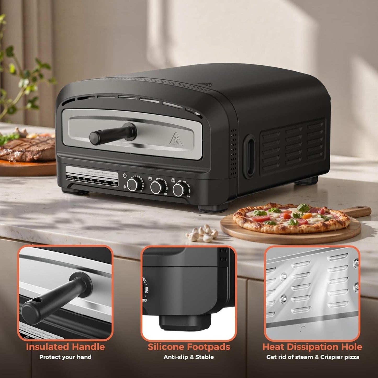Pizza Oven Indoor 14" Electric Countertop Pizza Maker, 800°F, 6 Modes, Flip-Up Design, Home & Parties