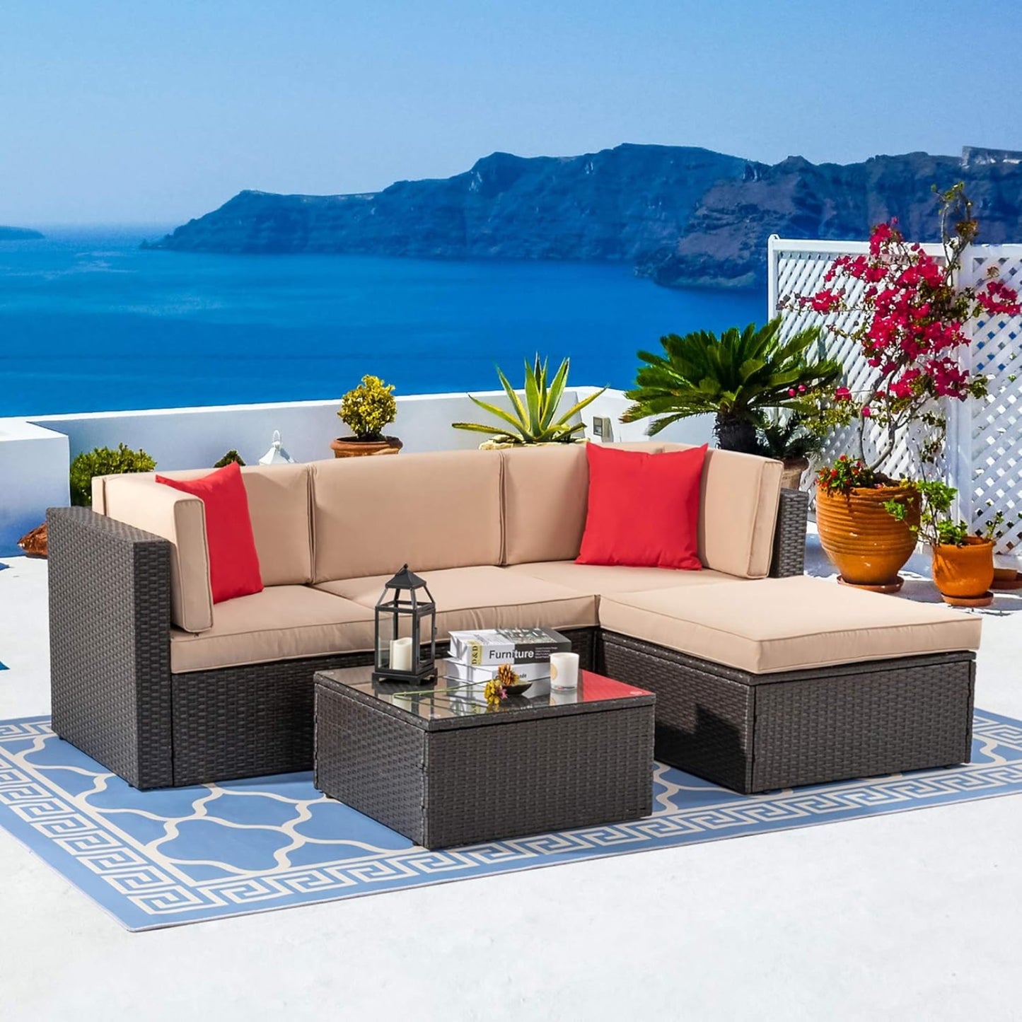5 Piece Patio Furniture Set, All-Weather Brown PE Wicker Outdoor Sectional Couch with Ottoman & Table