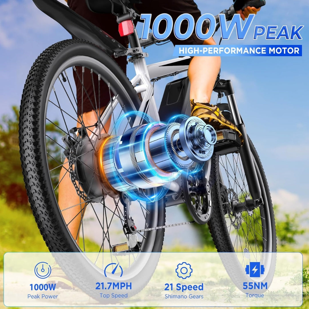 Electric Bike for Adults 26" 1000W Peak, 21-Speed Mountain Ebike 48V Battery 50 Miles Range UL 2849