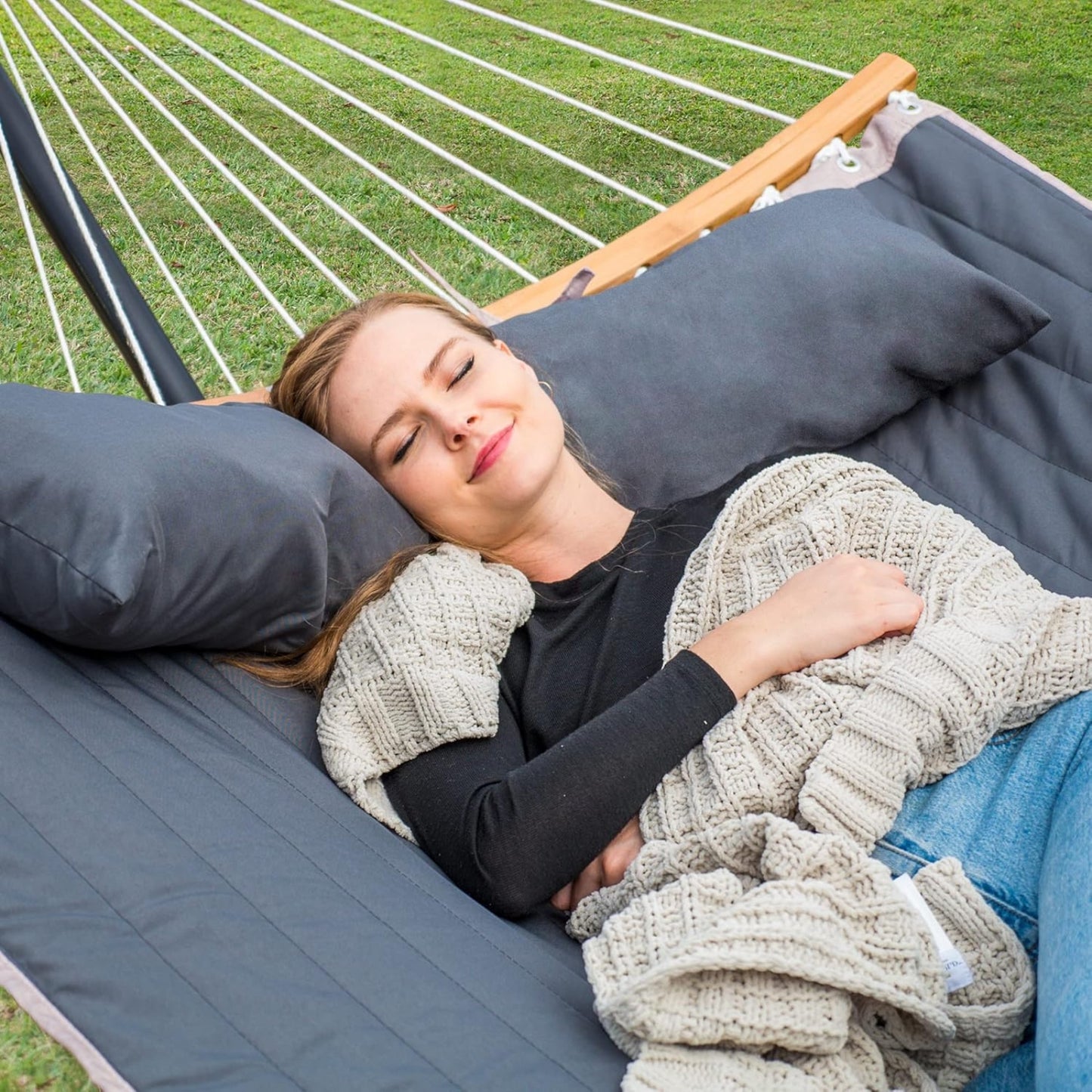 Double Portable Hammock with Stand – 2 Person Outdoor Hammock, Curved Spreader Bar, Dark Gray