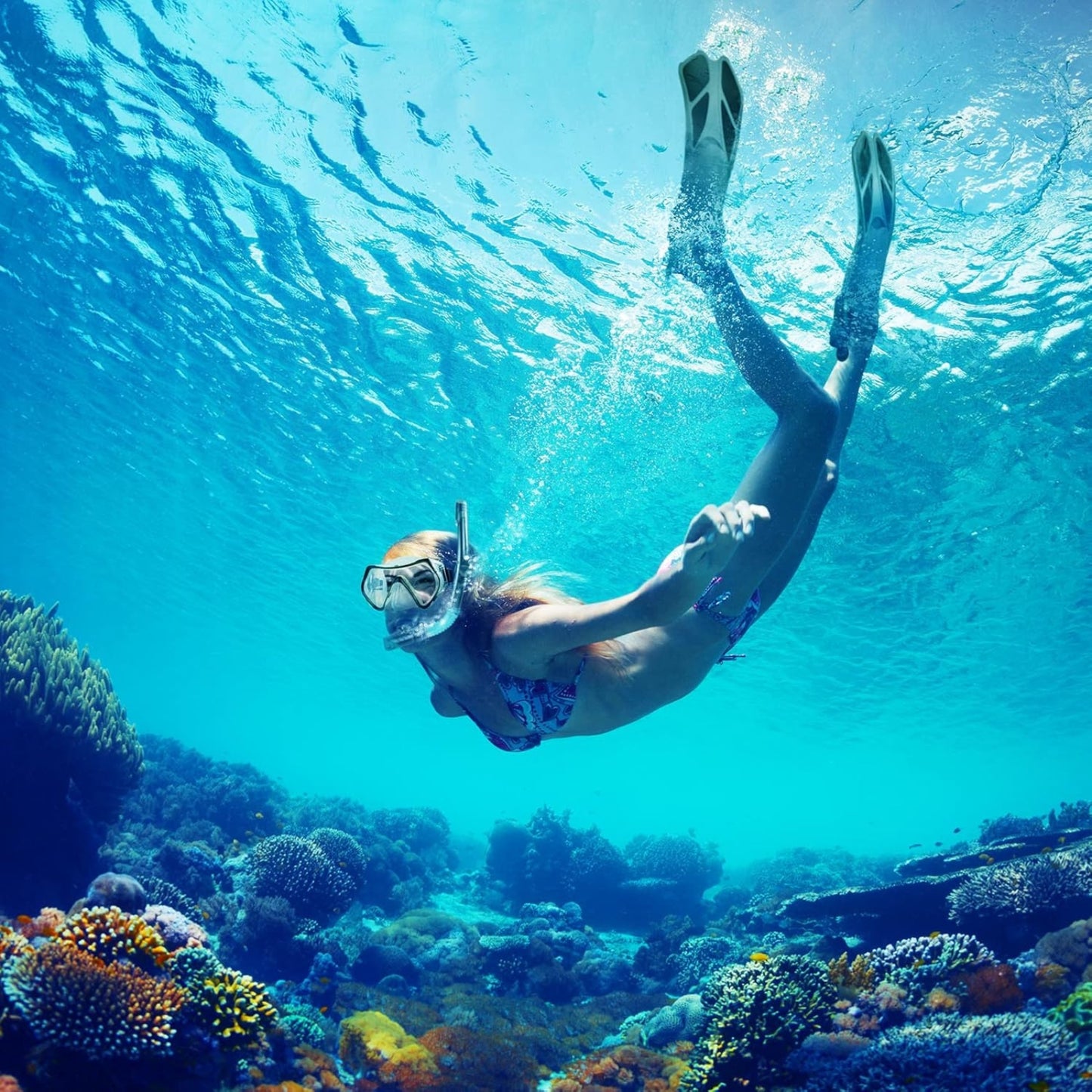 Mask Fin Snorkel Set with Anti-Fog Panoramic Mask, Trek Fins, Dry Top Snorkel & Travel Gear Bag