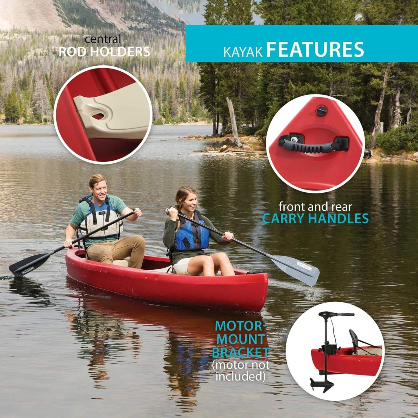 Kodiak 13' Red Canoe with 2 Paddles | 3 Seats, Skeg Wheel & Motor Mount | Durable HDPE Canoe