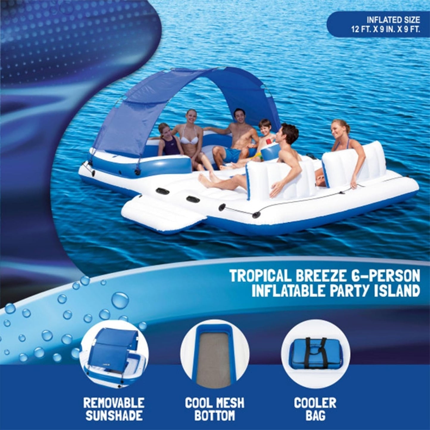 Tropical Breeze 6 Person Inflatable Party Island Float with Sunshade & Cooler – Relax on Water