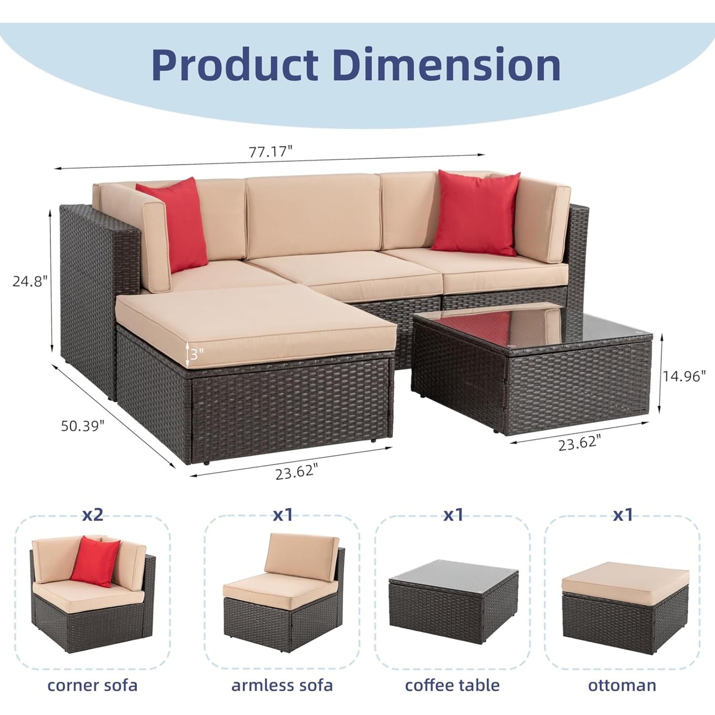 5 Piece Patio Furniture Set, All-Weather Brown PE Wicker Outdoor Sectional Couch with Ottoman & Table
