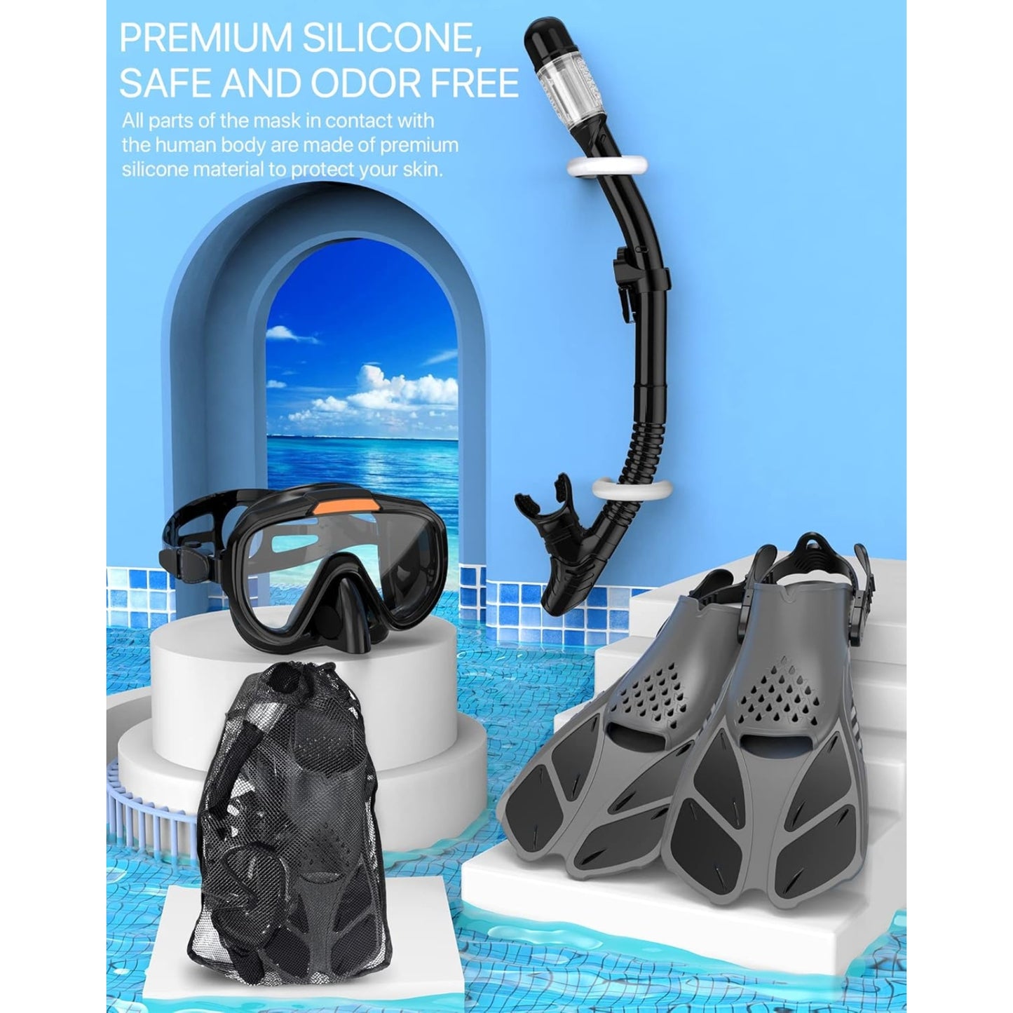 Snorkeling Gear for Adults | 4-in-1 Snorkel Set with Mask, Fins, Dry Top Snorkel & Travel Bag
