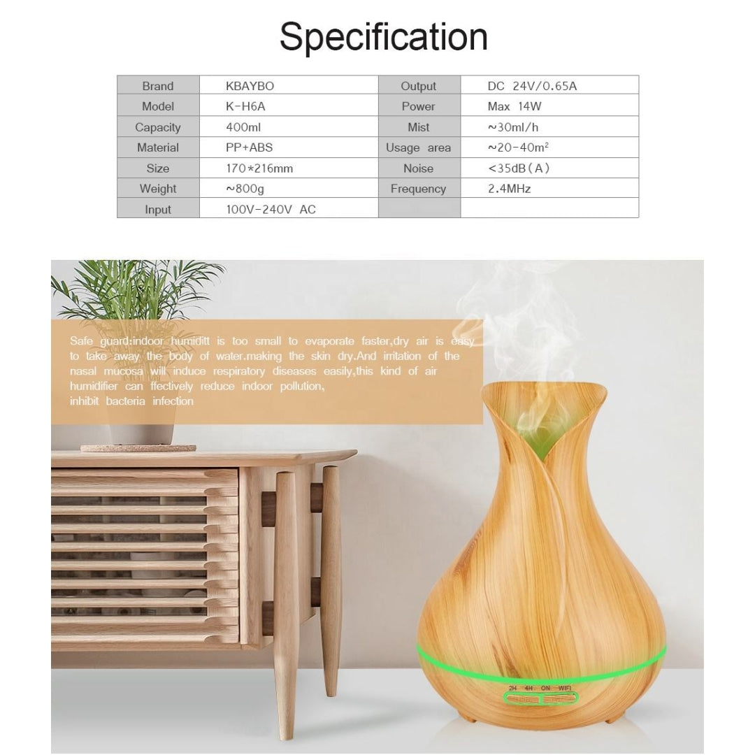 Tuya Smart WiFi Aroma Diffuser 400ML Ultrasonic Humidifier with APP Control, LED Lights & 1-Year Warranty