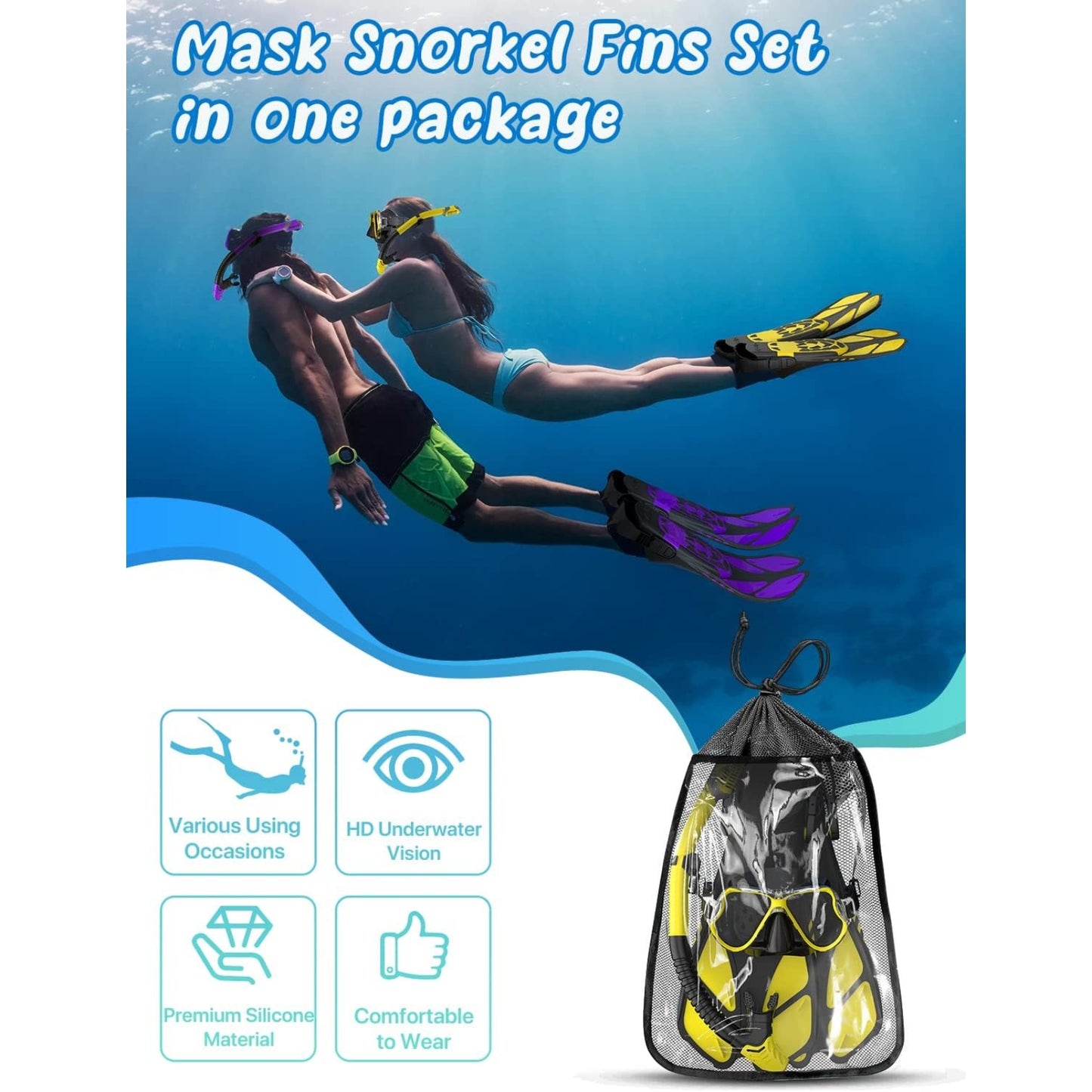 Mask Fins Snorkel Set with Panoramic Anti-Fog Mask, Dry Top Snorkel & Adjustable Swim Flippers