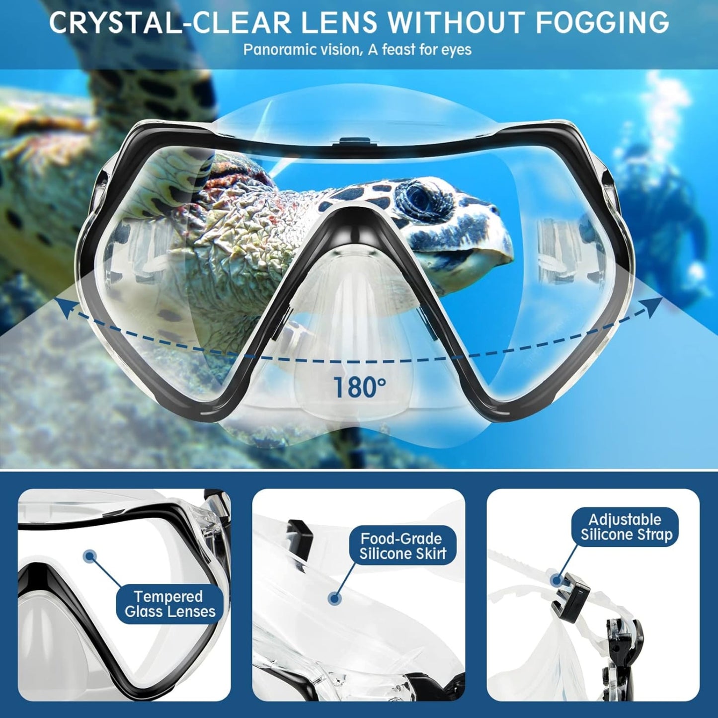 Mask Fin Snorkel Set with Anti-Fog Panoramic Mask, Trek Fins, Dry Top Snorkel & Travel Gear Bag