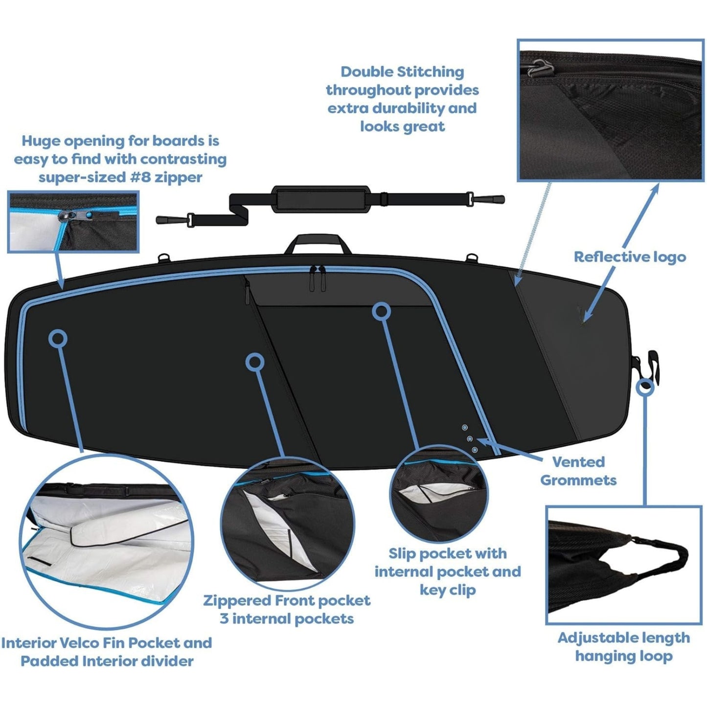 Huey Double Wakesurf Board Travel Bag 66" – Durable, Protective & Spacious Surfboard Carry Case