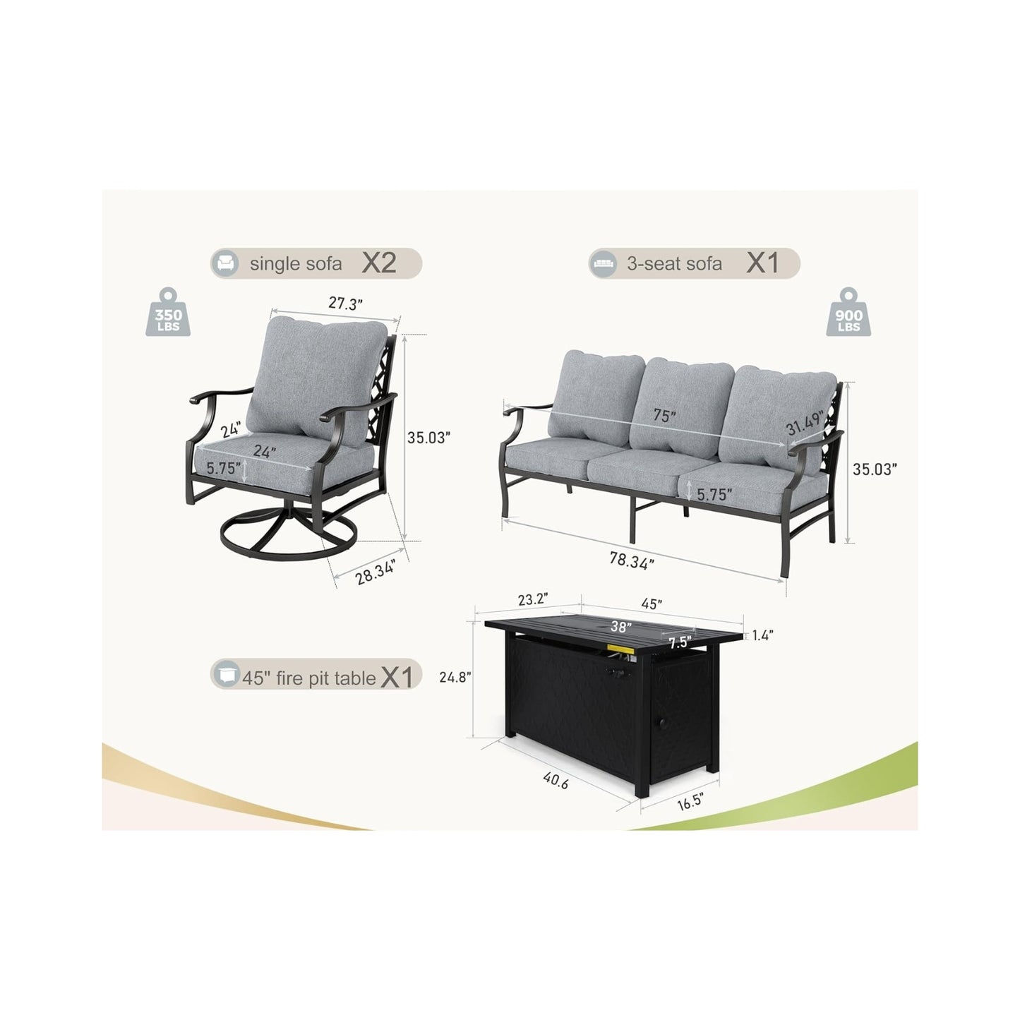 4-Piece Patio Furniture Set with Gas Firepit Table, Swivel Chairs & Sofa | Outdoor Deck Grey