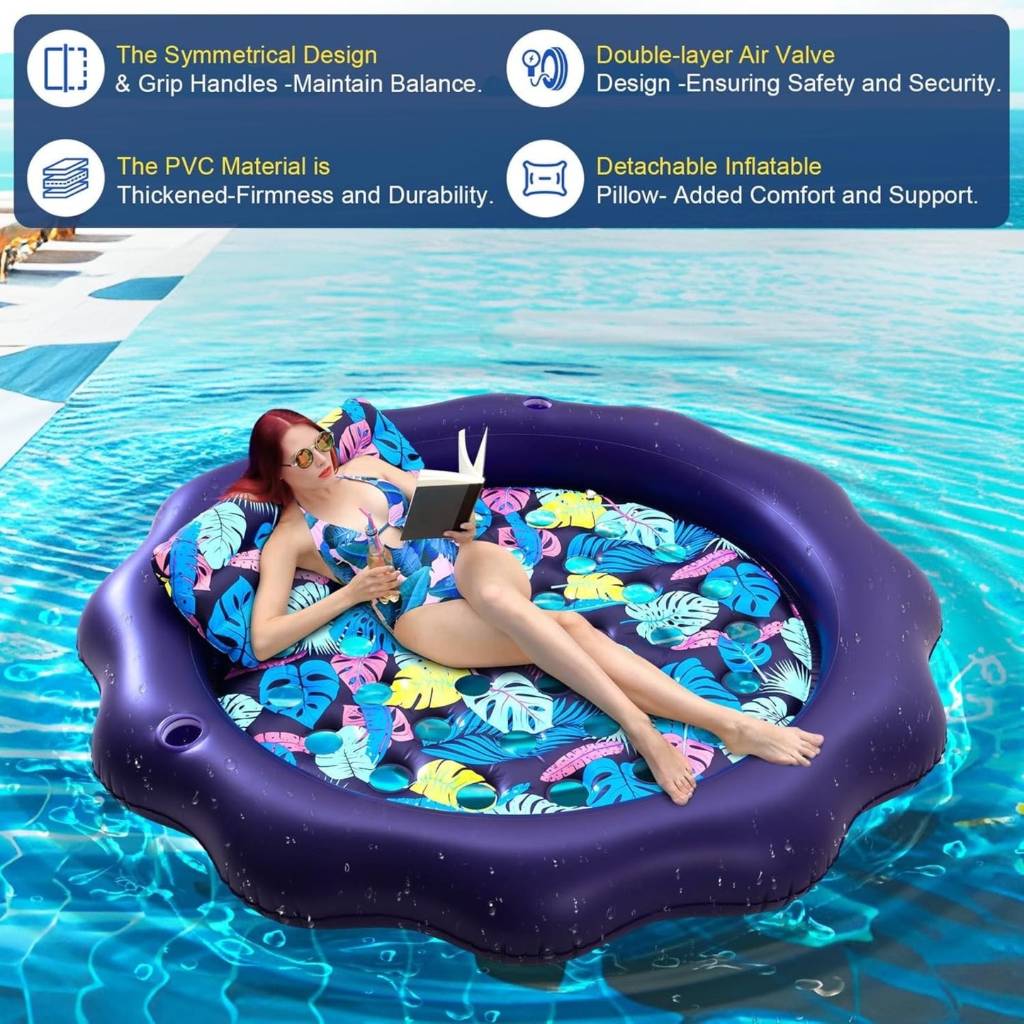 Extra Large Inflatable Pool Float Lounger 77" with Pillow, Cup Holders & Cooling Holes – Purple