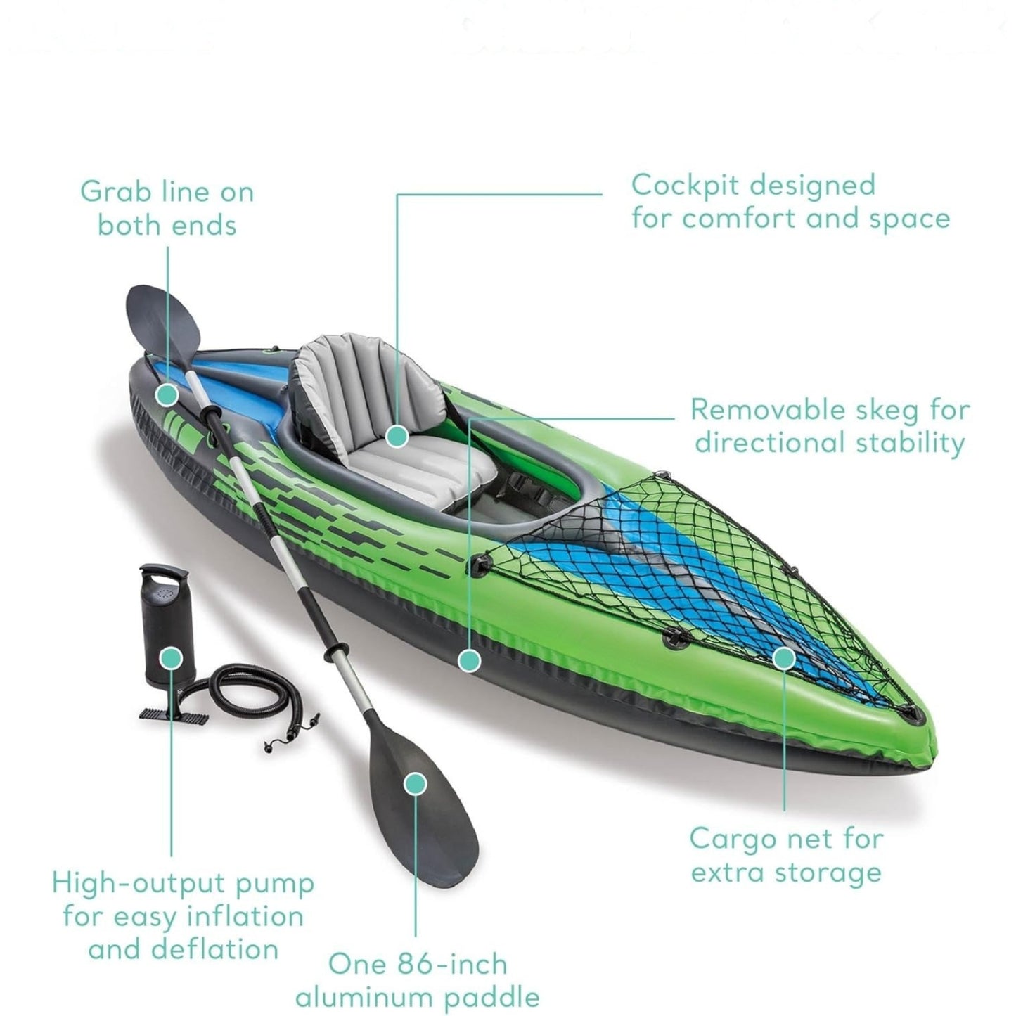 Inflatable Kayak K1 with Paddle, Pump & Seat – SuperStrong PVC, Skeg & Cargo Net | 1-Person