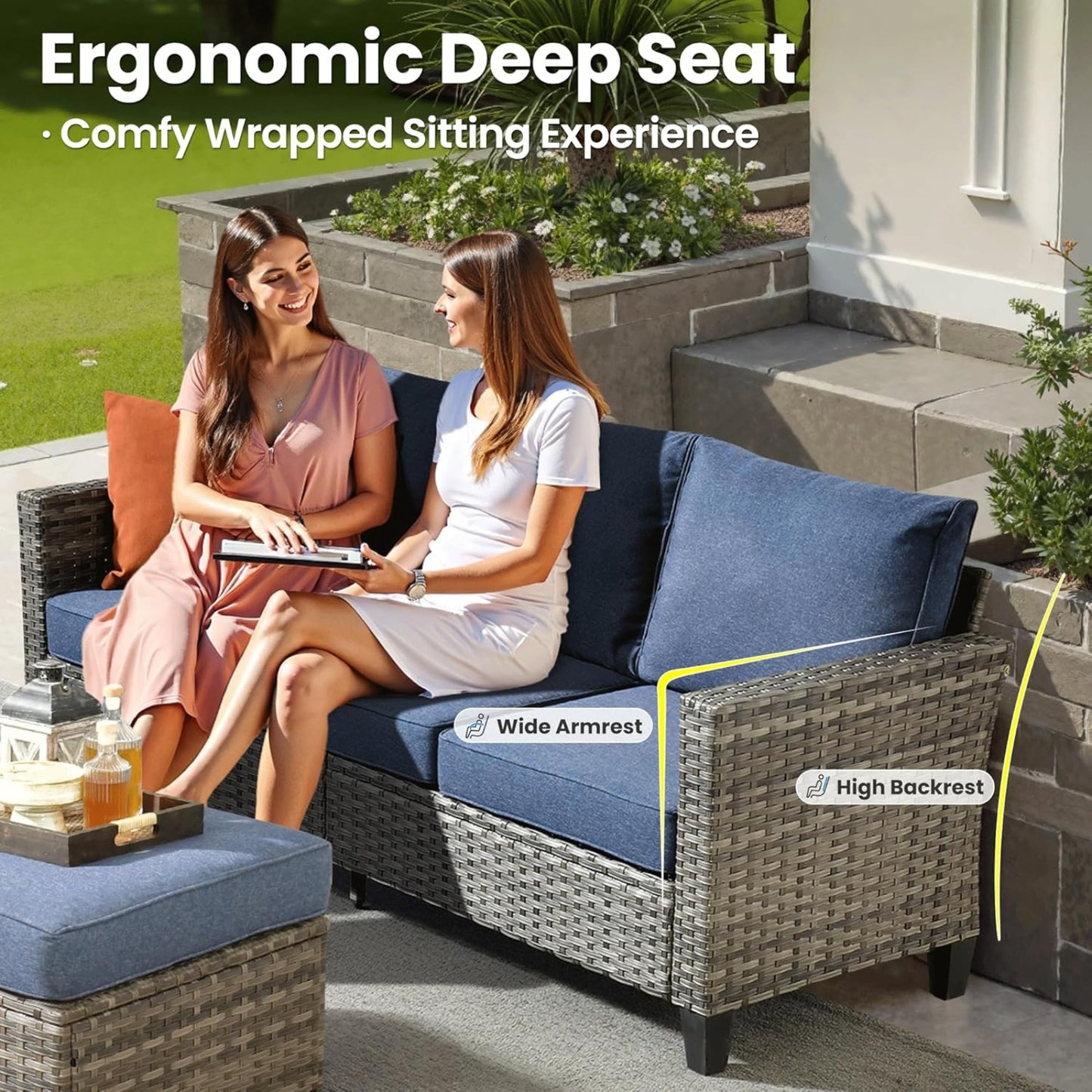 6-Piece Patio Furniture Set Outdoor Wicker Rattan Sofa Couch with Cushions & Ottomans, Denim Blue