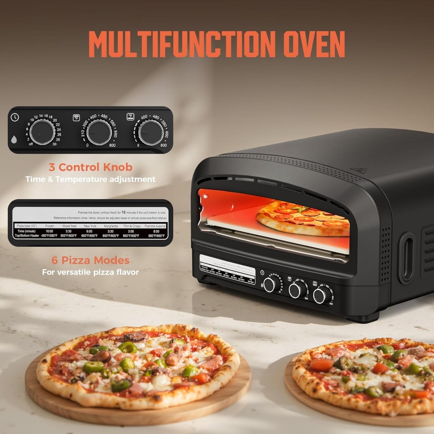 Pizza Oven Indoor 14" Electric Countertop Pizza Maker, 800°F, 6 Modes, Flip-Up Design, Home & Parties