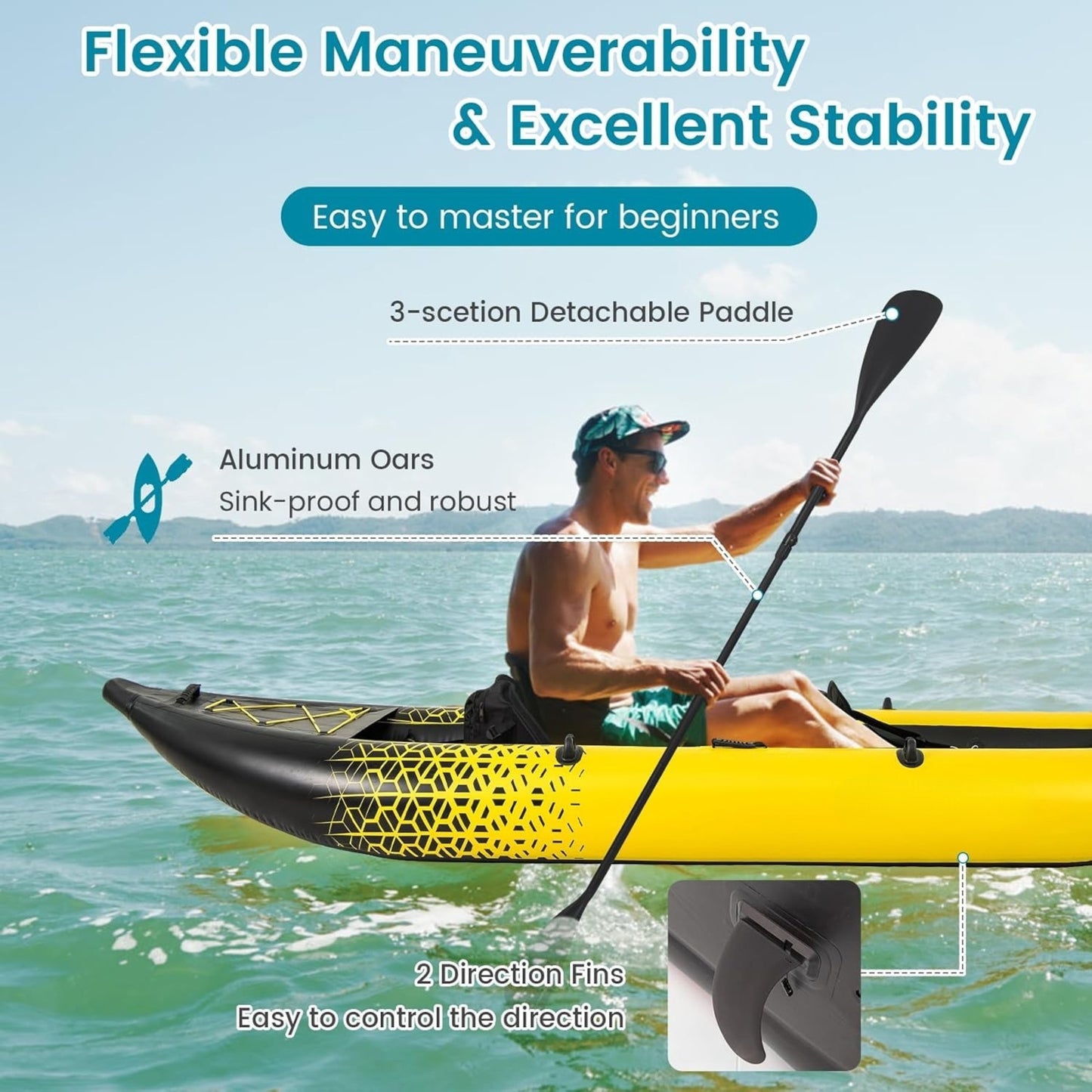 Inflatable 2-Person Kayak Set with 507 LBS Capacity, 2 Oars, EVA Seats, Pump, Fins & Carry Bag