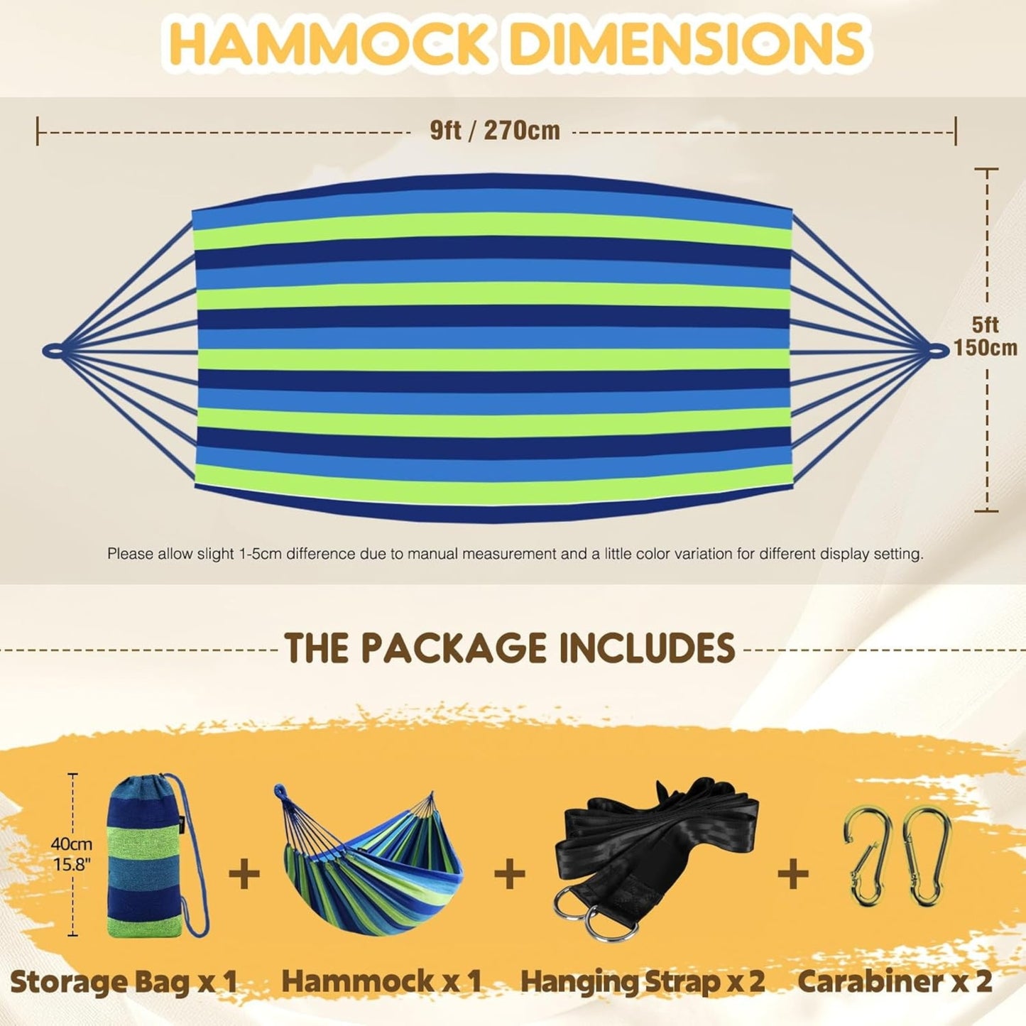 Portable Camping Hammock with Tree Straps – Comfortable Fabric Hammock 660lbs Capacity with Bag