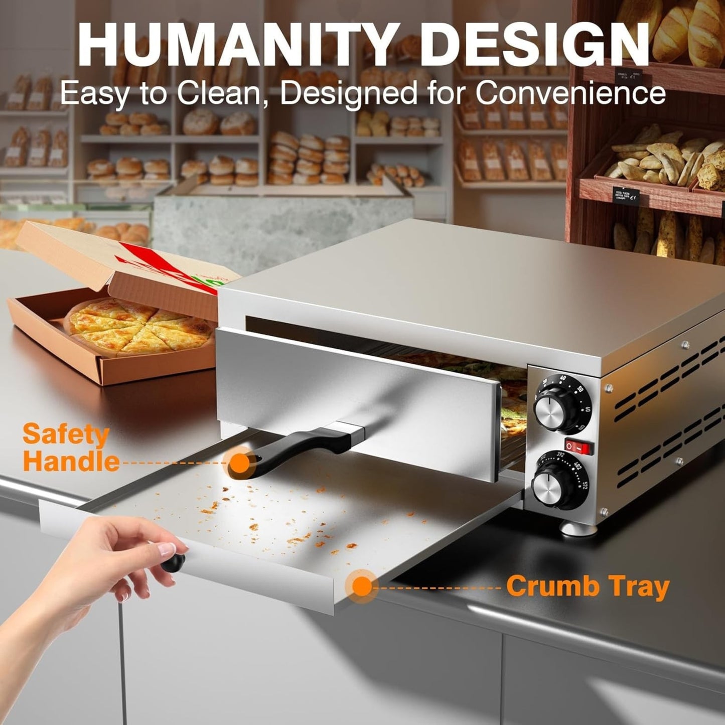 Indoor Electric Pizza Oven 12-Inch – Countertop Stainless Steel Commercial Pizza Maker with Crumb Tray