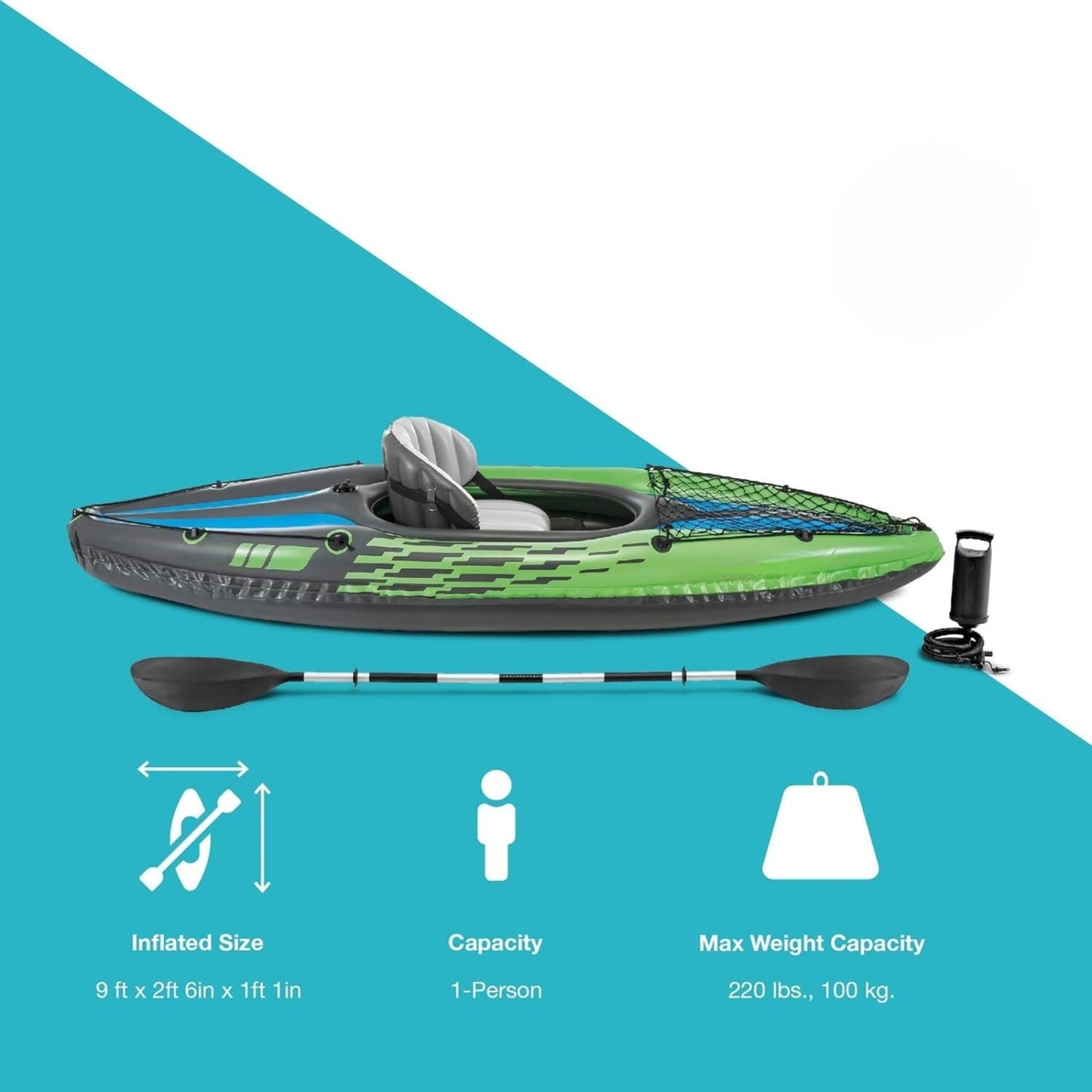 Inflatable Kayak K1 with Paddle, Pump & Seat – SuperStrong PVC, Skeg & Cargo Net | 1-Person
