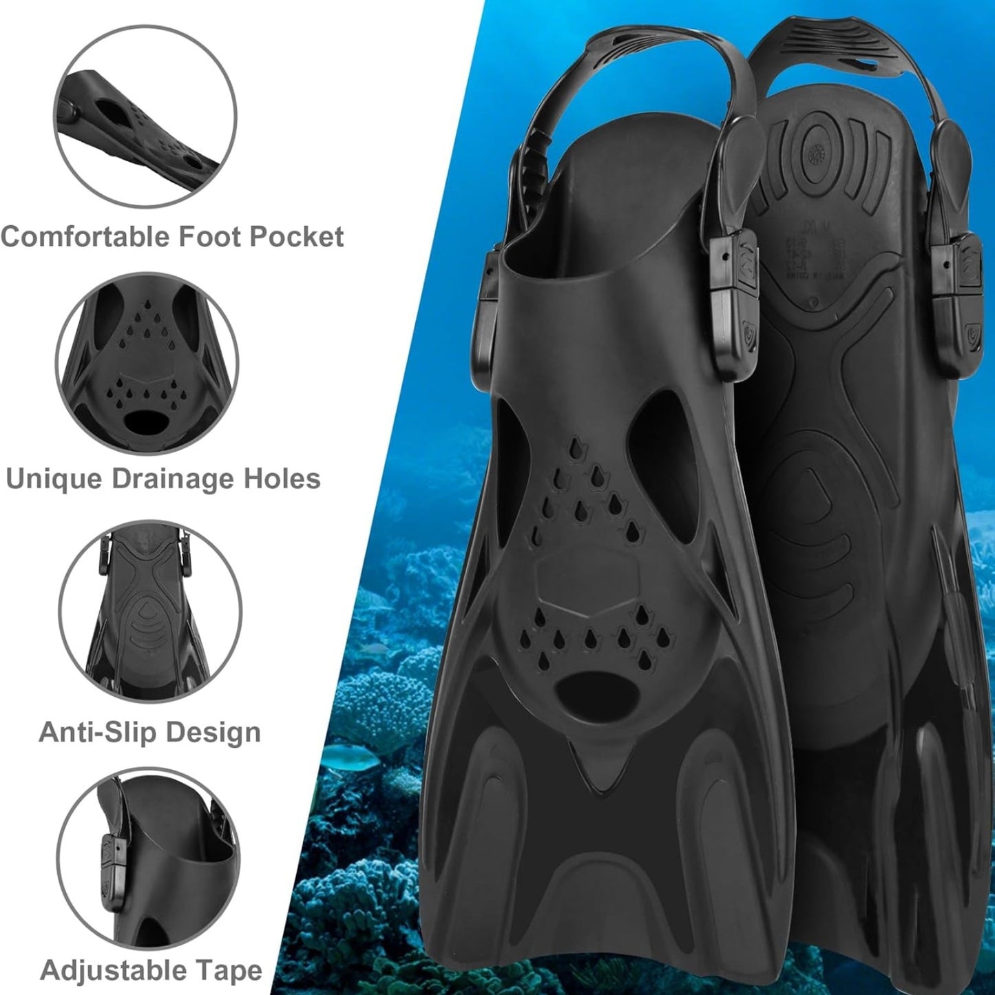 Mask Fins Snorkel Set for Adults | Panoramic Anti-Fog Diving Mask, Dry Top Snorkel & Swim Fins with Bag