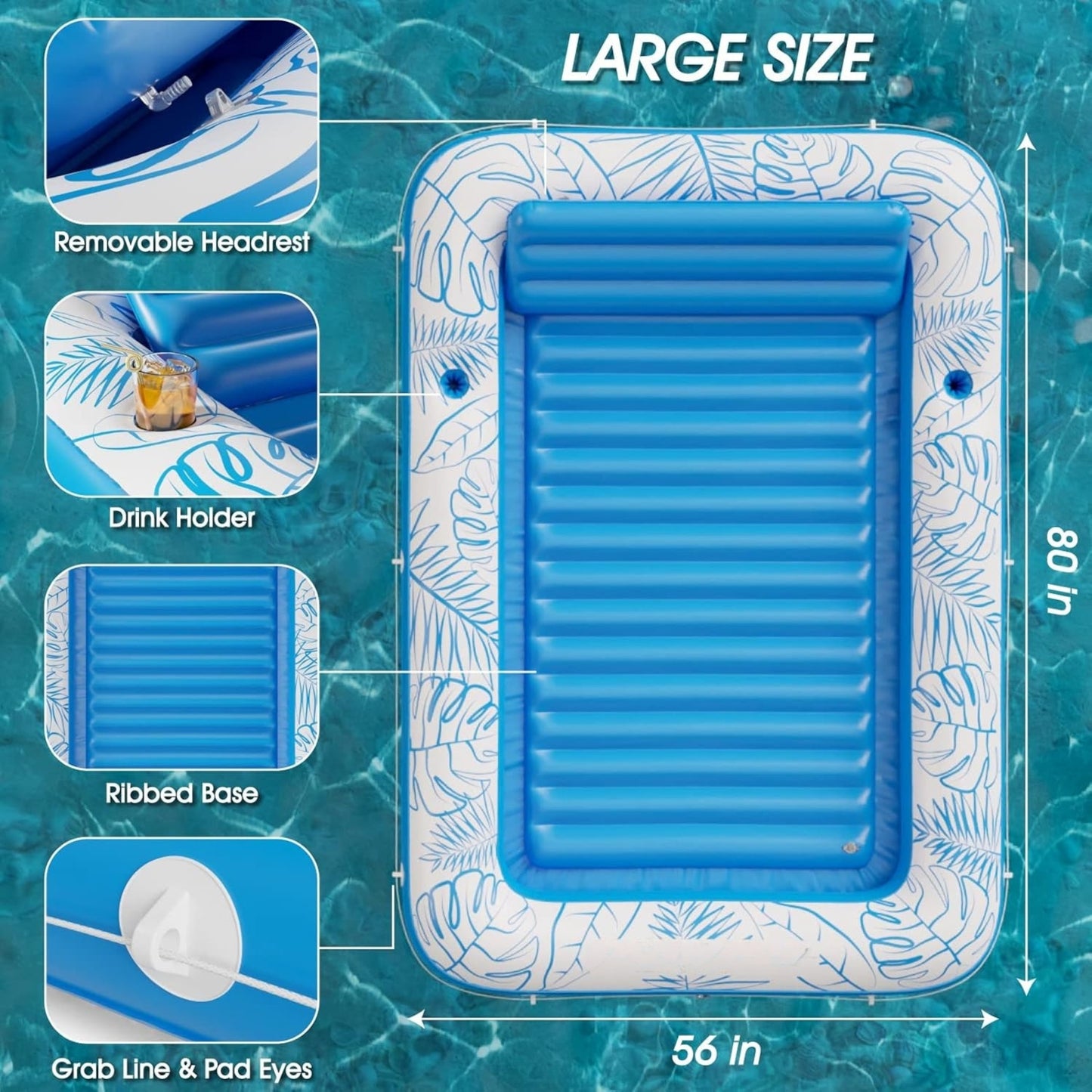 Inflatable Tanning Pool Lounger Float 4-in-1 Sunbathing Tub with Cup Holders for Adults & Kids XL