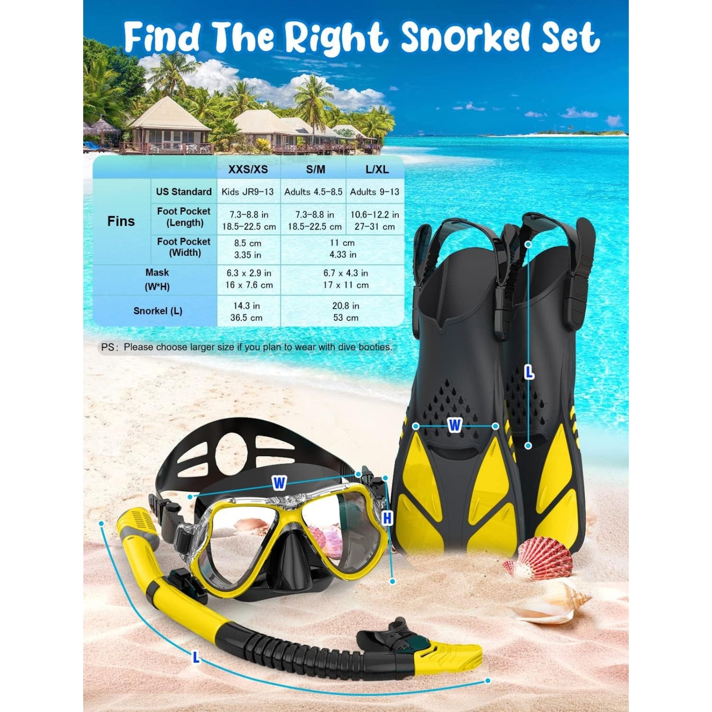Mask Fins Snorkel Set with Panoramic Anti-Fog Mask, Dry Top Snorkel & Adjustable Swim Flippers