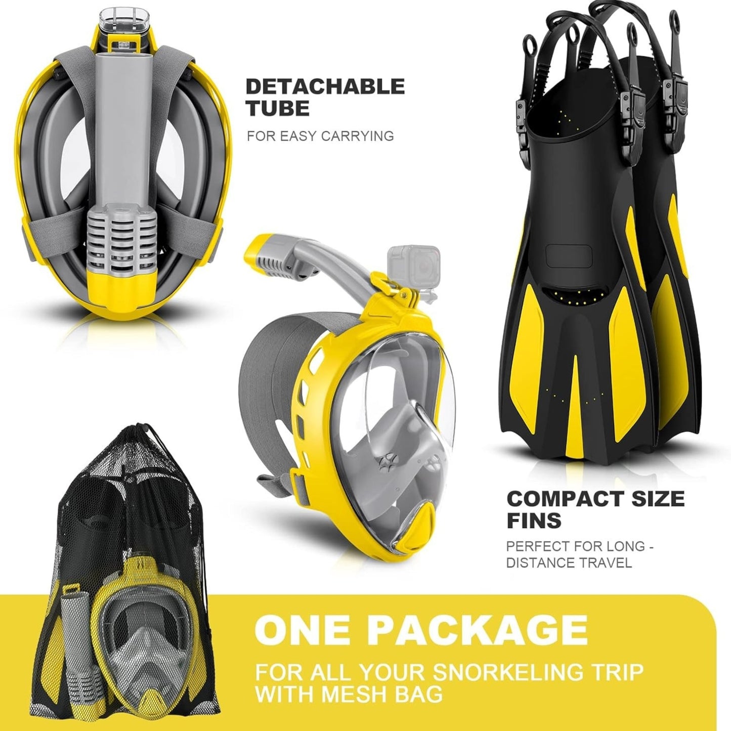 Snorkeling Packages for Adults & Youth | Full Face Mask, Fins, Camera Mount & Mesh Bag