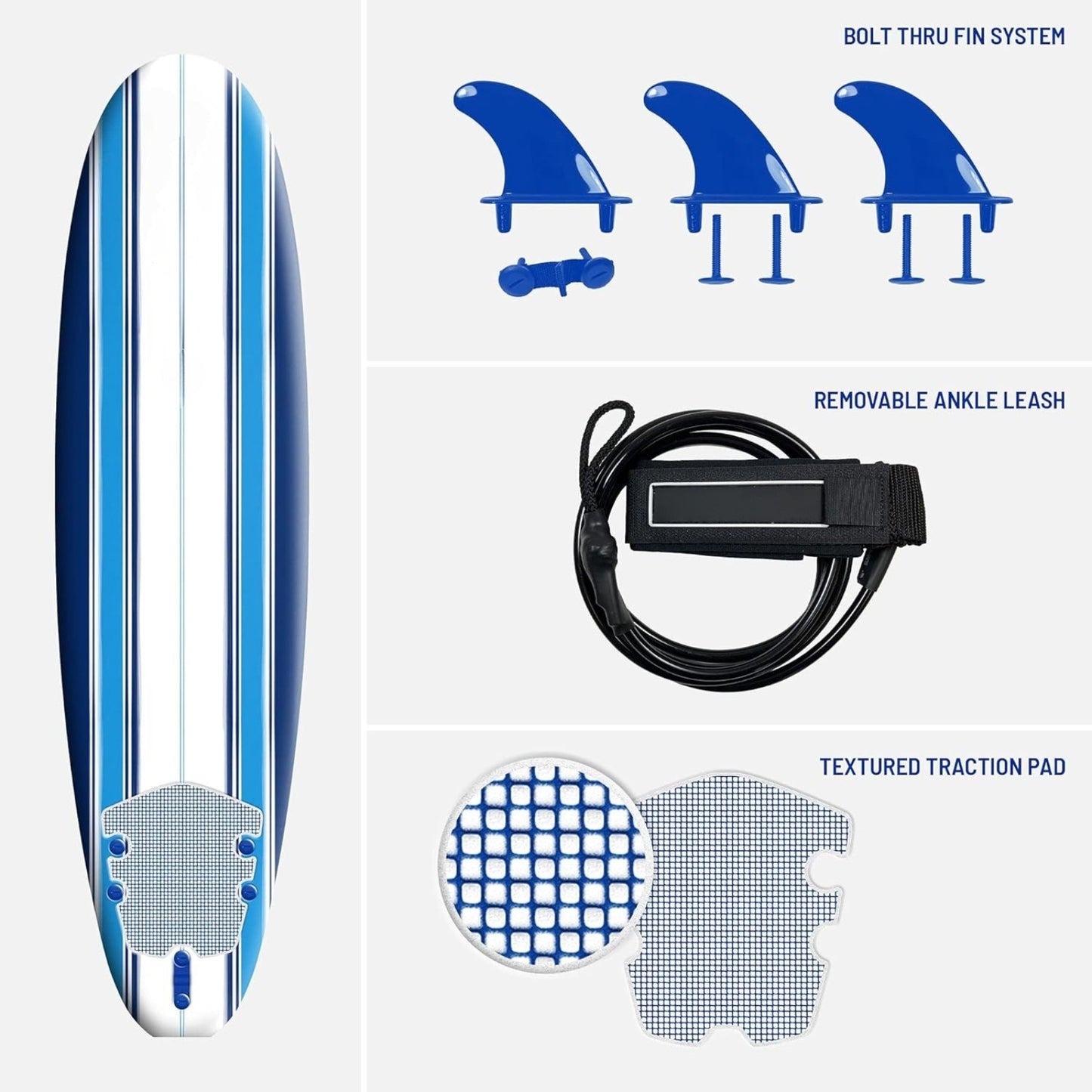 Classic 7ft Soft Top Foam Surfboard – Beginner Friendly Surfboard with Leash, Triple Fins & Tail Pad Heat Laminated, Blue Pinline