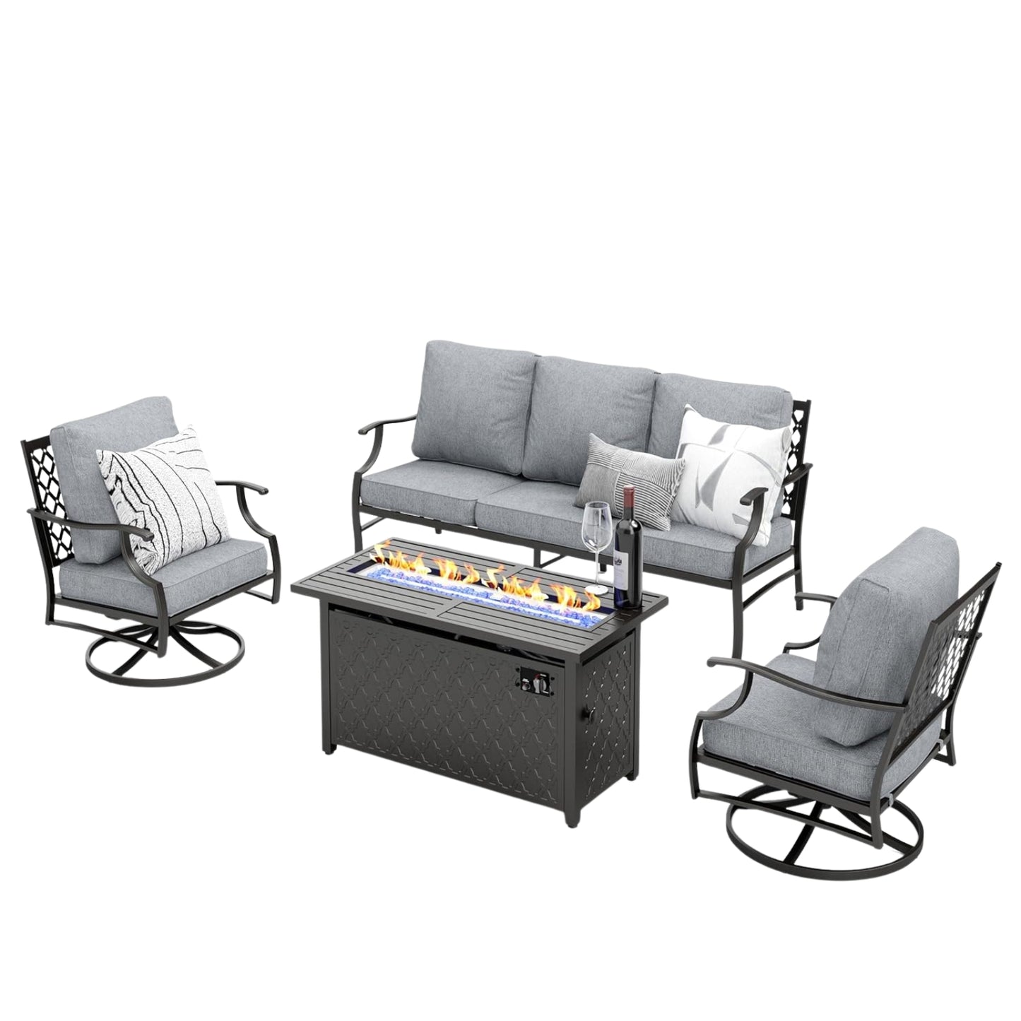 4-Piece Patio Furniture Set with Gas Firepit Table, Swivel Chairs & Sofa | Outdoor Deck Grey