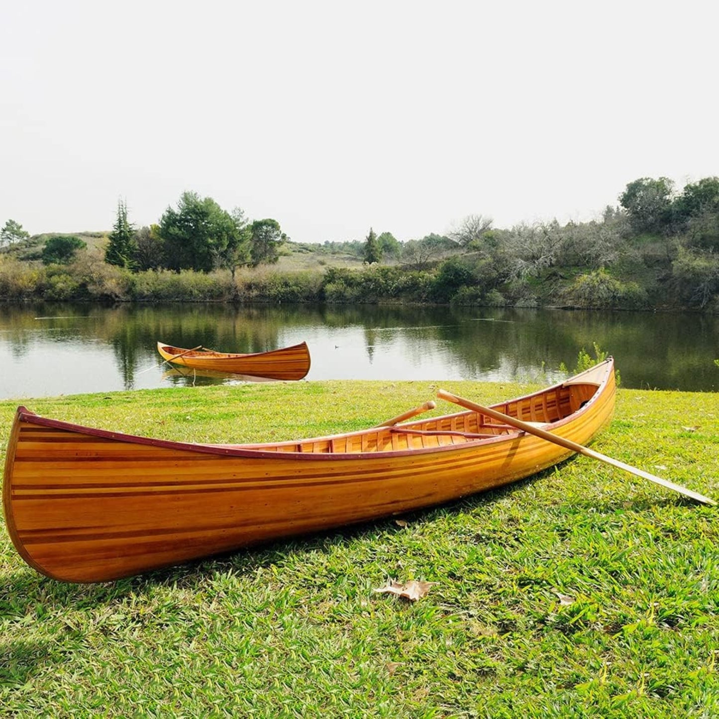12 ft Handcrafted Wooden Canoe with Ribs Curved Bow – Cedar & Hardwood, Durable Fiberglass Finish