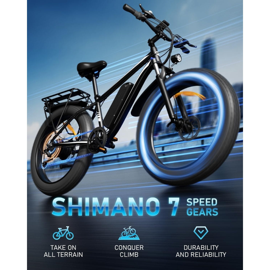 EB26 Electric Bike for Adults 1500W Peak Motor, 48V 15Ah Battery, 26" Fat Tire Mountain Ebike 28MPH