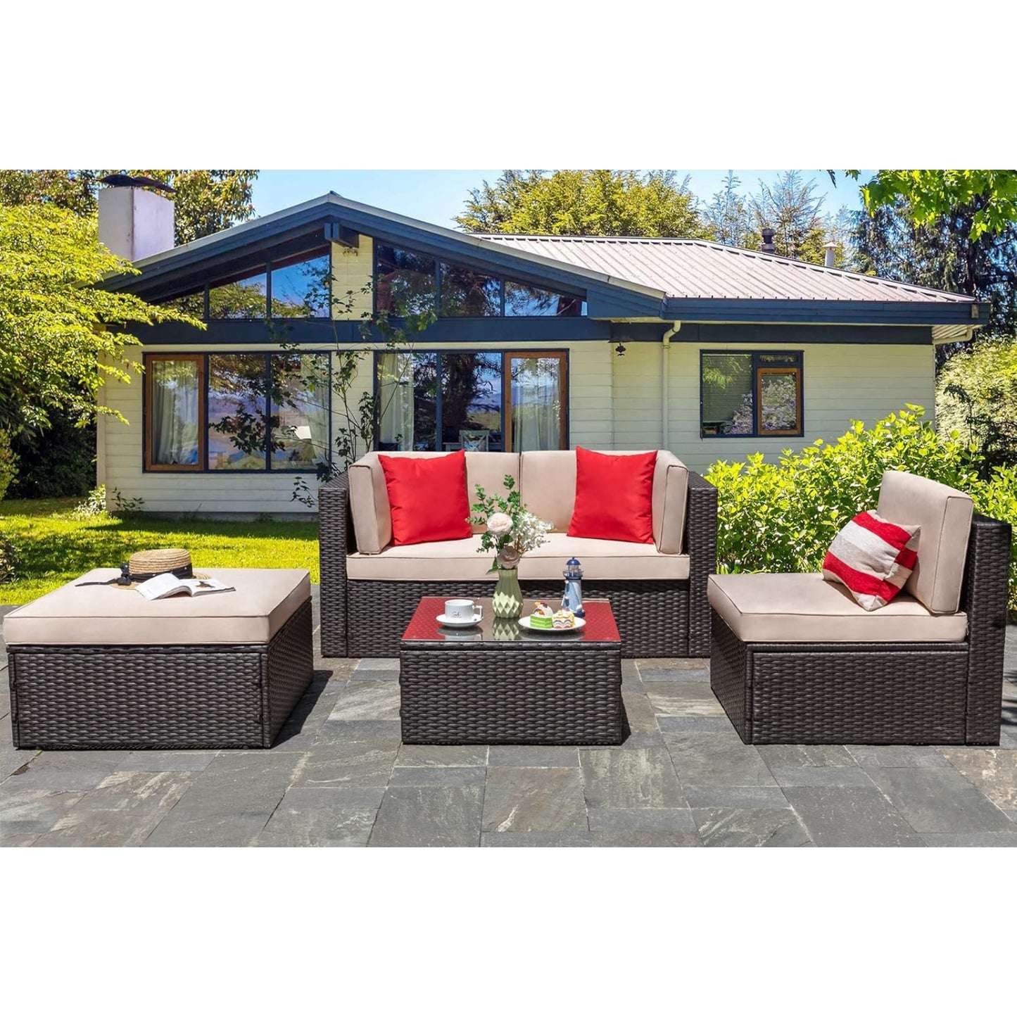 5 Piece Patio Furniture Set, All-Weather Brown PE Wicker Outdoor Sectional Couch with Ottoman & Table
