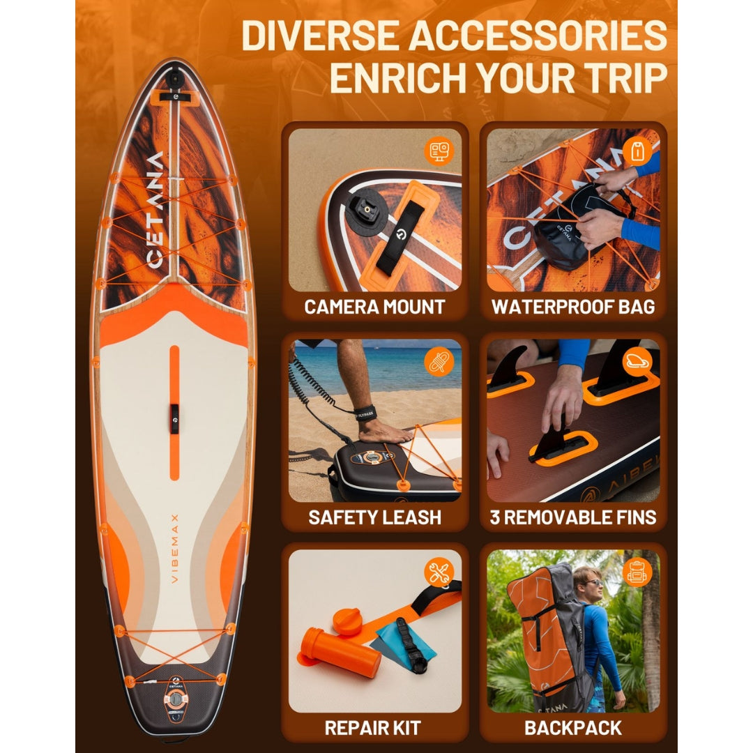 CETANA Vibemax Orange 11’6” Inflatable SUP Board | All-Round Paddle Board with Accessories
