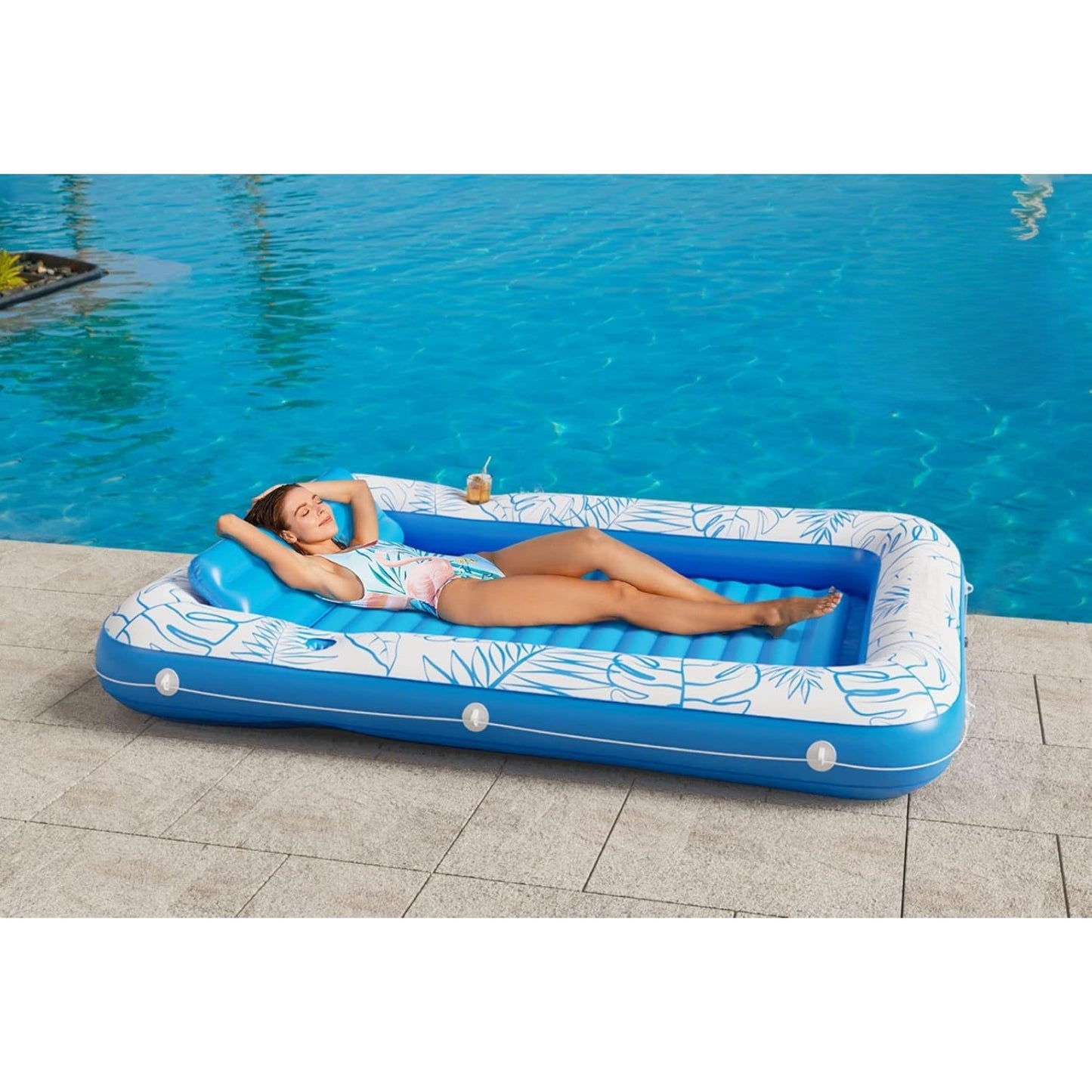 Inflatable Tanning Pool Lounger Float 4-in-1 Sunbathing Tub with Cup Holders for Adults & Kids XL