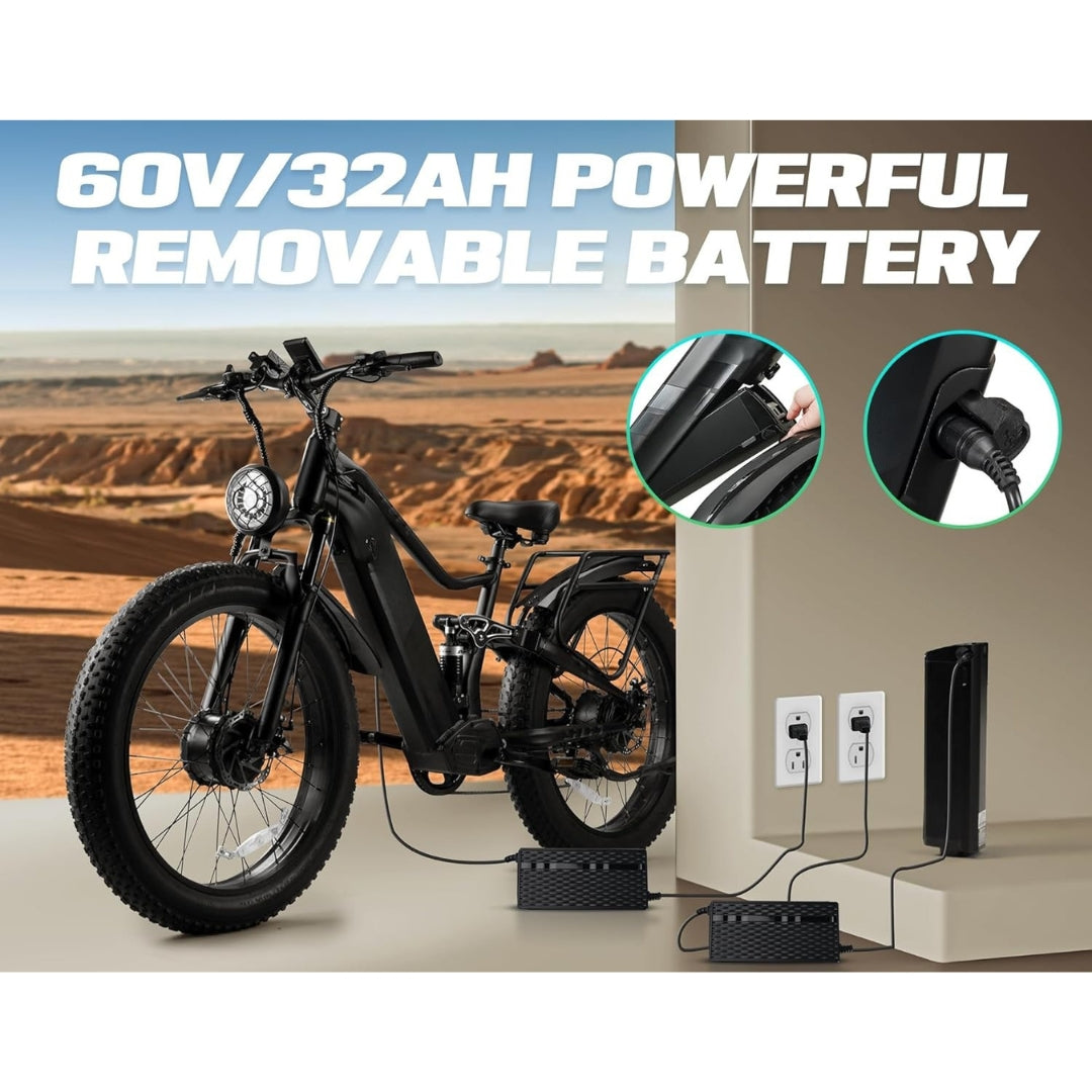 5000W Dual Motor Electric Bike 52MPH, 60V 32AH Fat Tire E-Bike with Full Suspension & 7-Speed